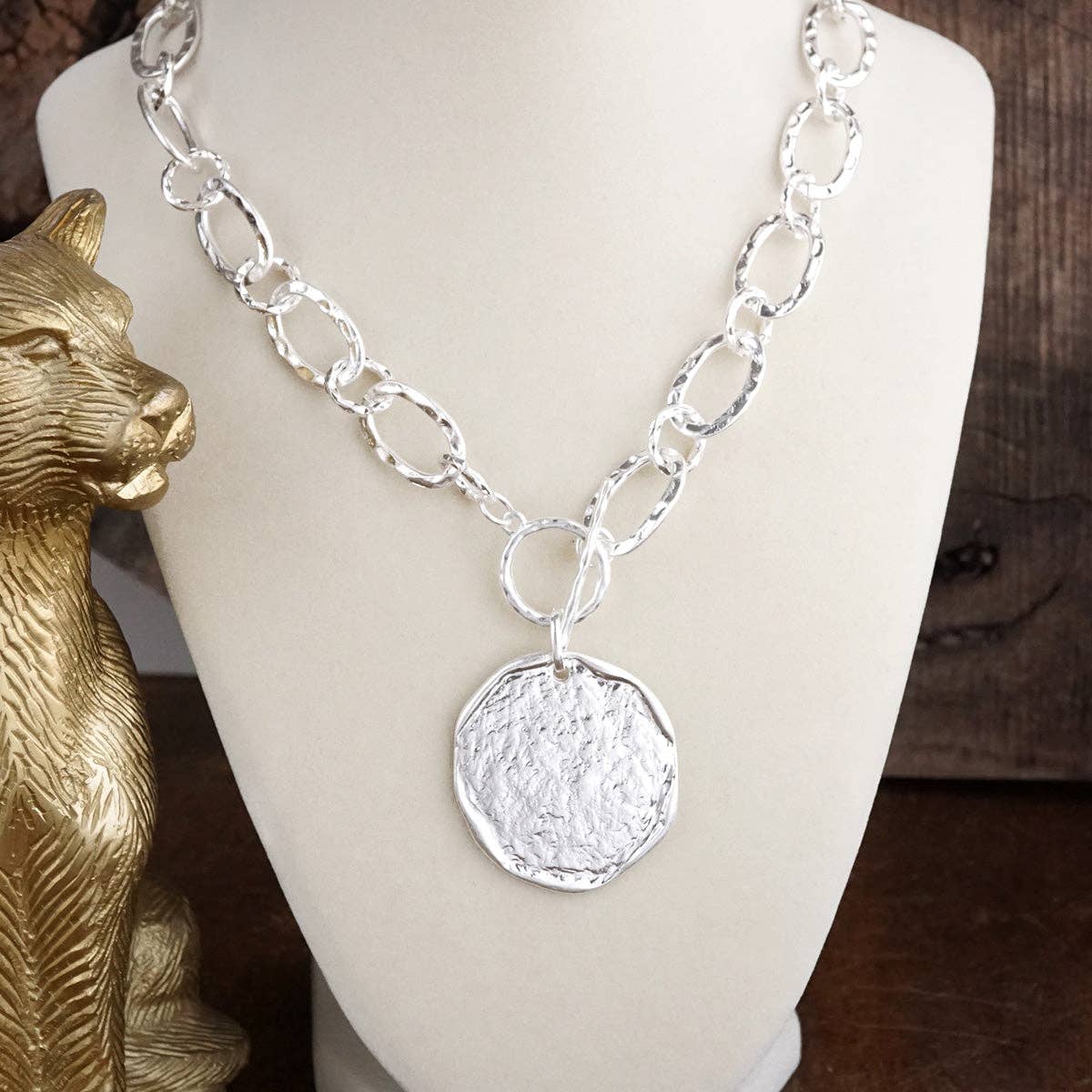 Nomad Glow – Front Toggle Statement Necklace with Hammered Disc - Image 4