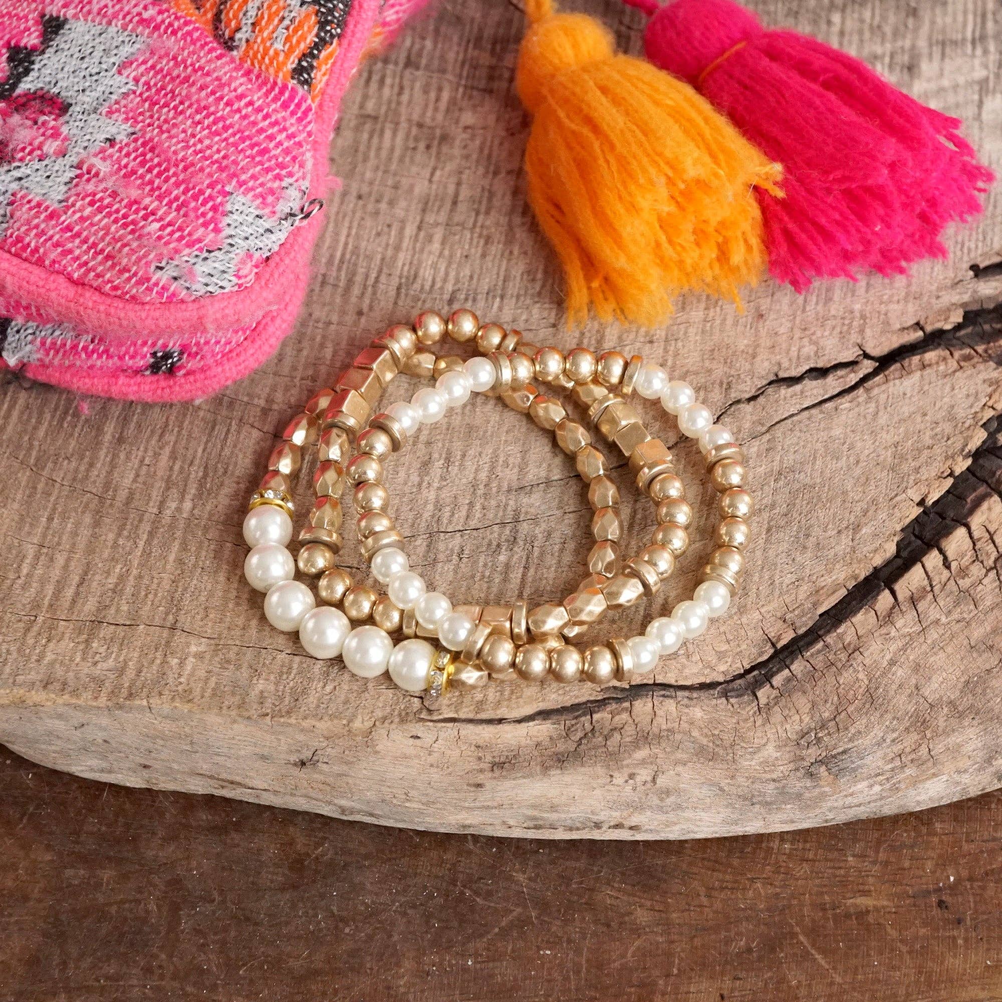 Pearls and Antique Gold Beaded Bracelet Set - Image 3