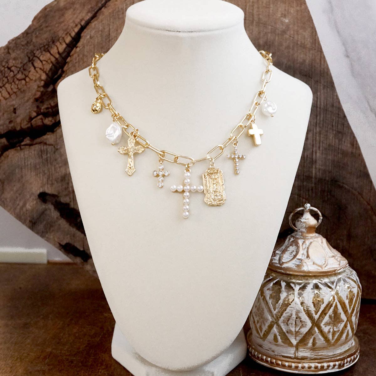 Radiant Faith – Mixed Charm Cascade Necklace in Gold Tone - Image 4