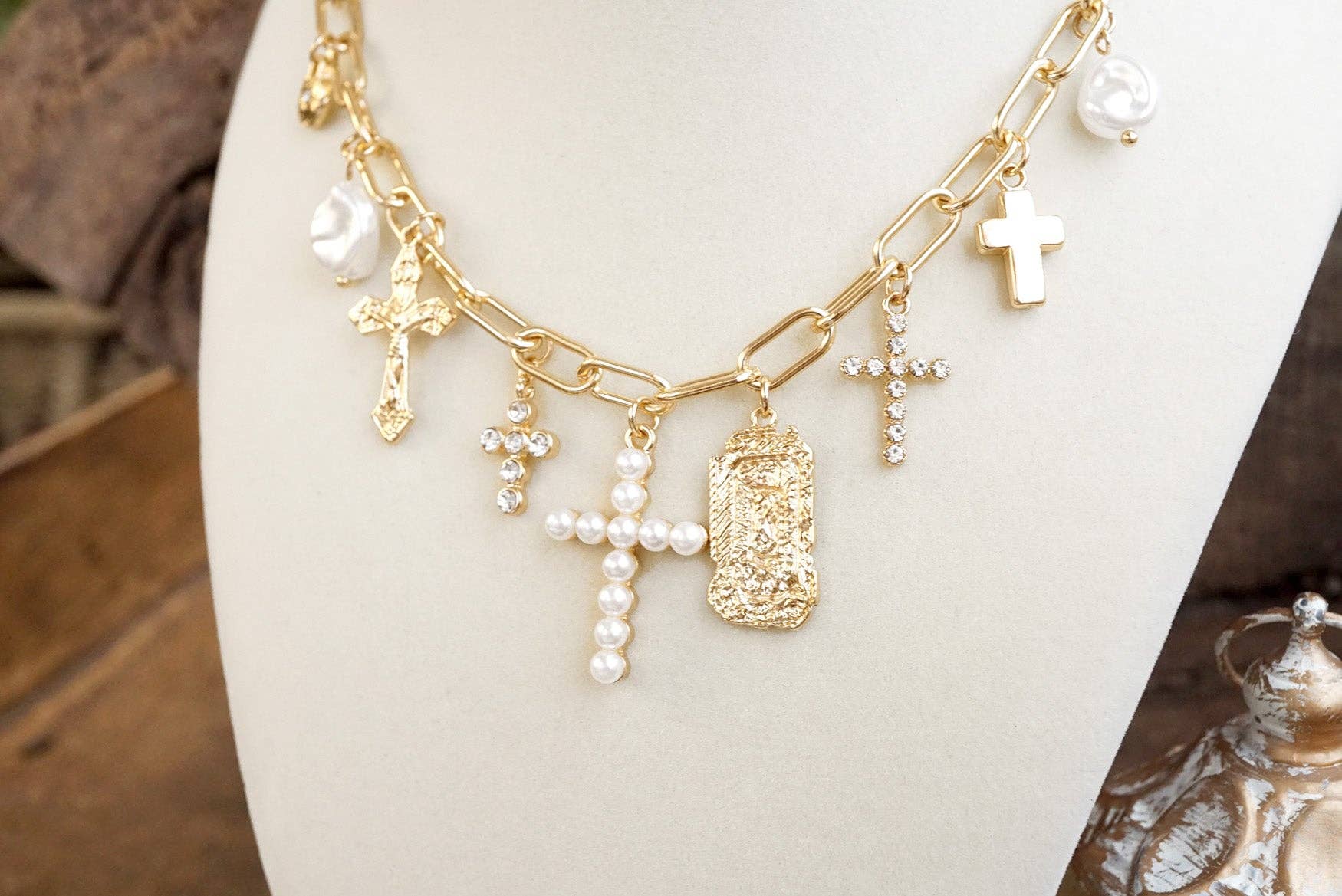 Radiant Faith – Mixed Charm Cascade Necklace in Gold Tone - Image 5