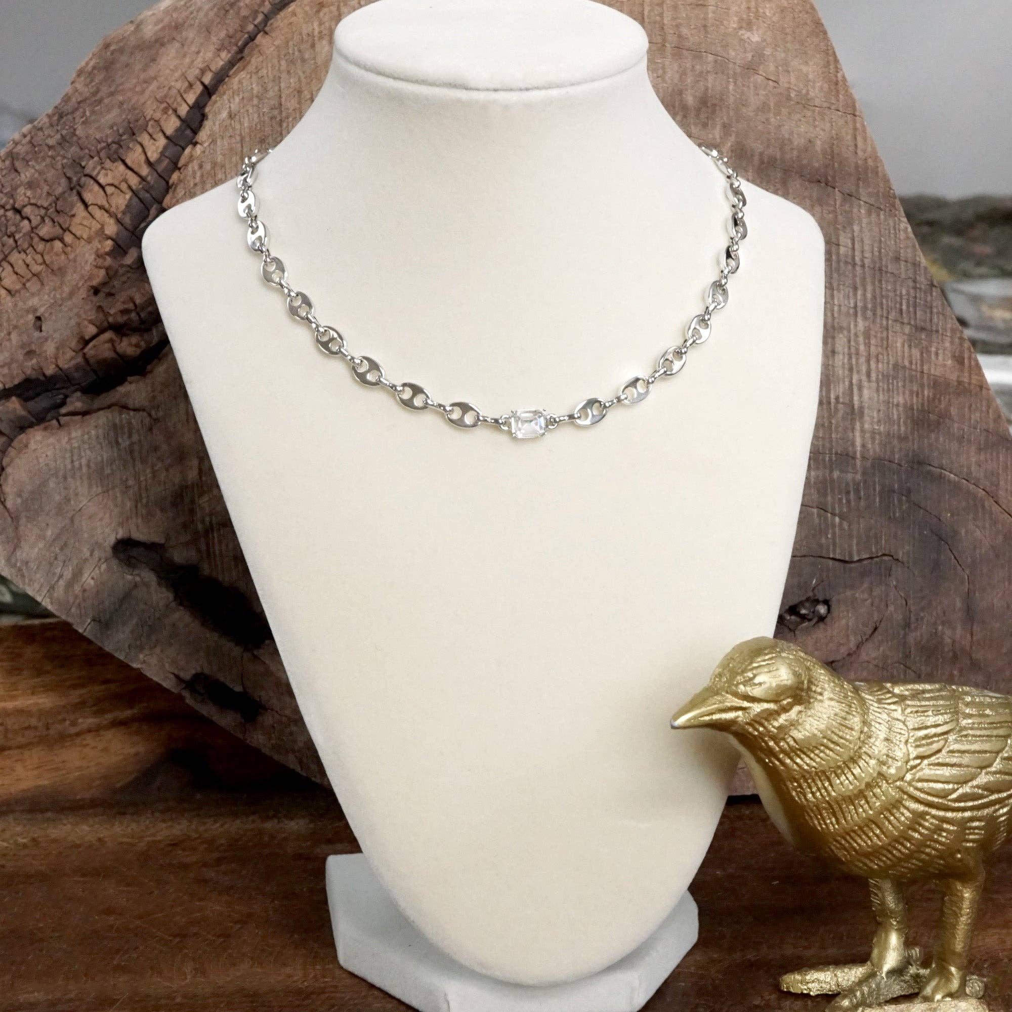 PennyLine inc - Short Anchor Chain Necklace with Emerald-Cut Crystal – Gold or Silver - Image 9