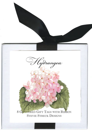 Pink Hydrangea 8 Glittered Gift Tags w/ribbon