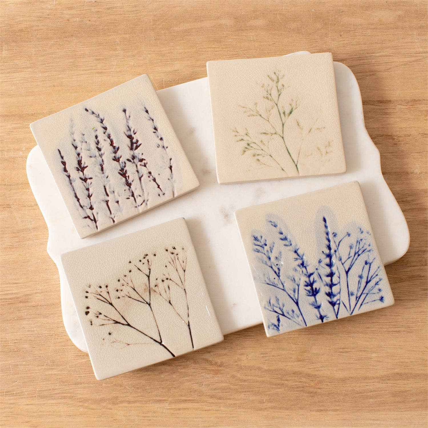 Pressed Wildflower Stoneware Coasters – Set of 4
