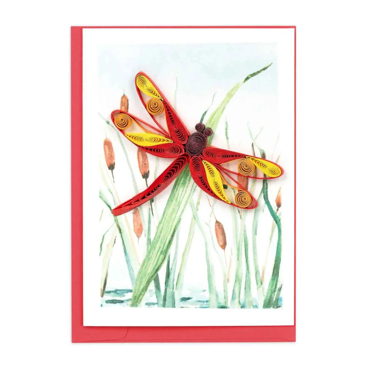 Quilled Red Dragonfly & Cattails Enclosure Mini Card
