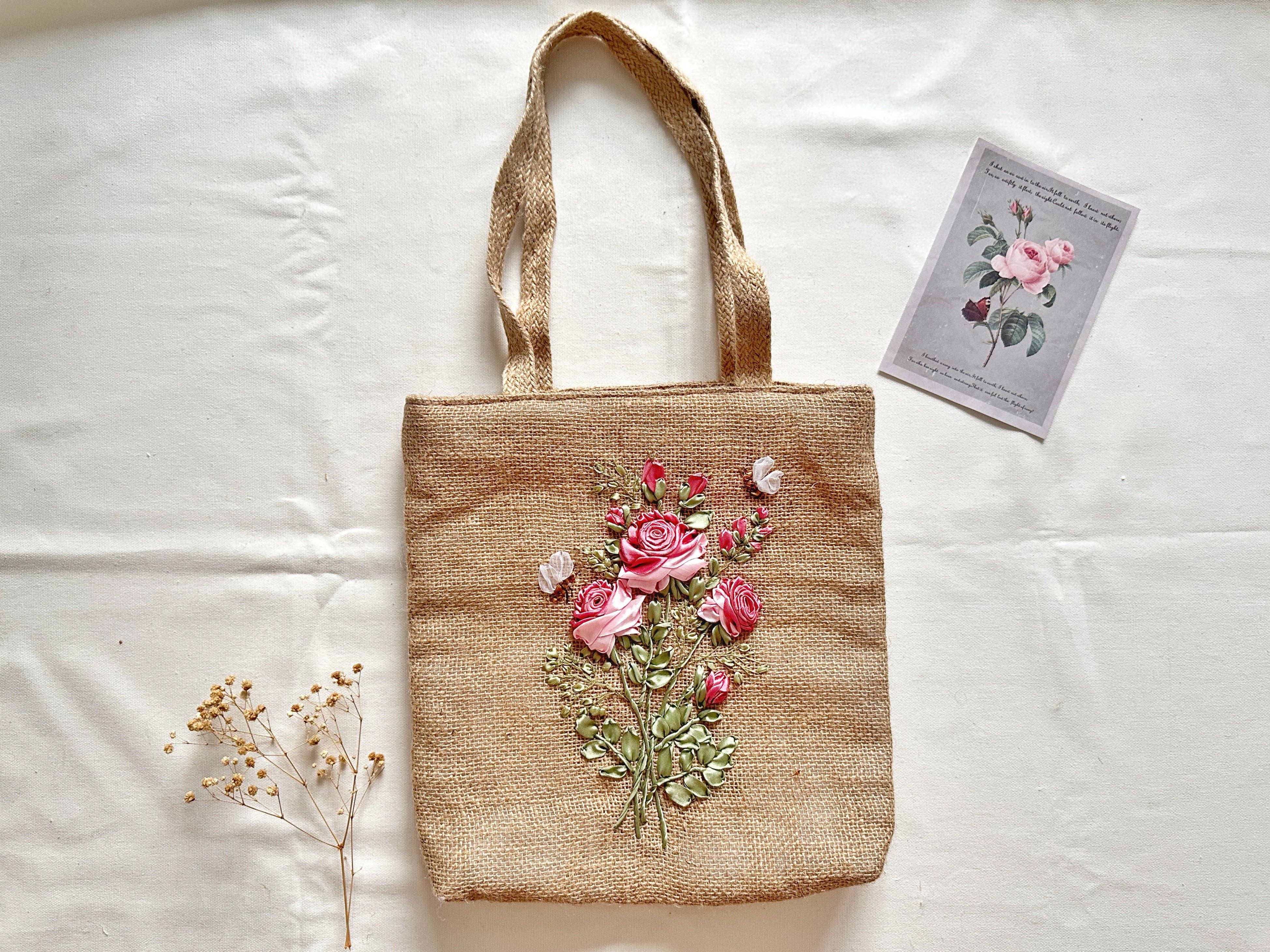 Ribbon Embroidered Rose Jute Bag - Image 3