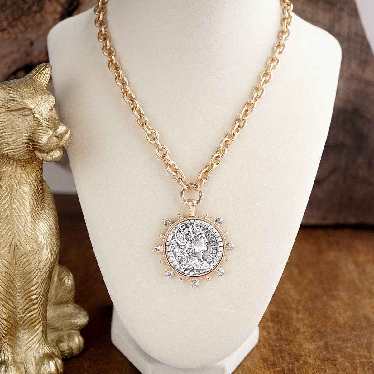 Coin Medallion Necklace with Crystal Halo