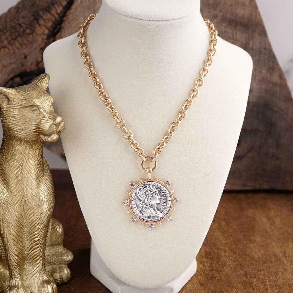 Coin Medallion Necklace with Crystal Halo - Image 2