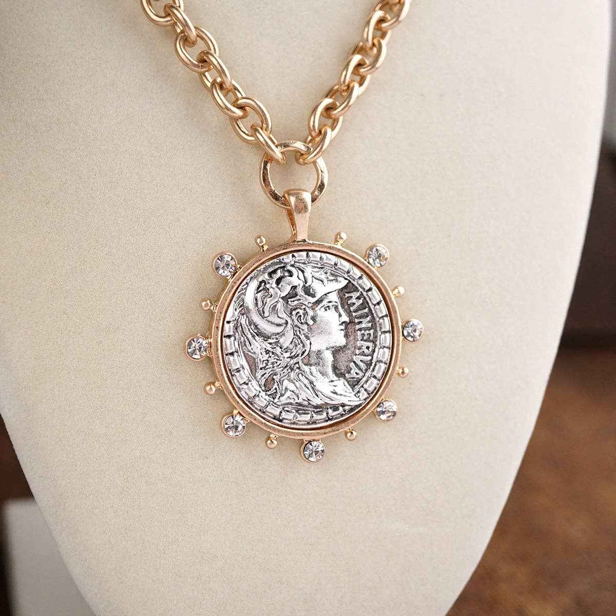 Coin Medallion Necklace with Crystal Halo - Image 3