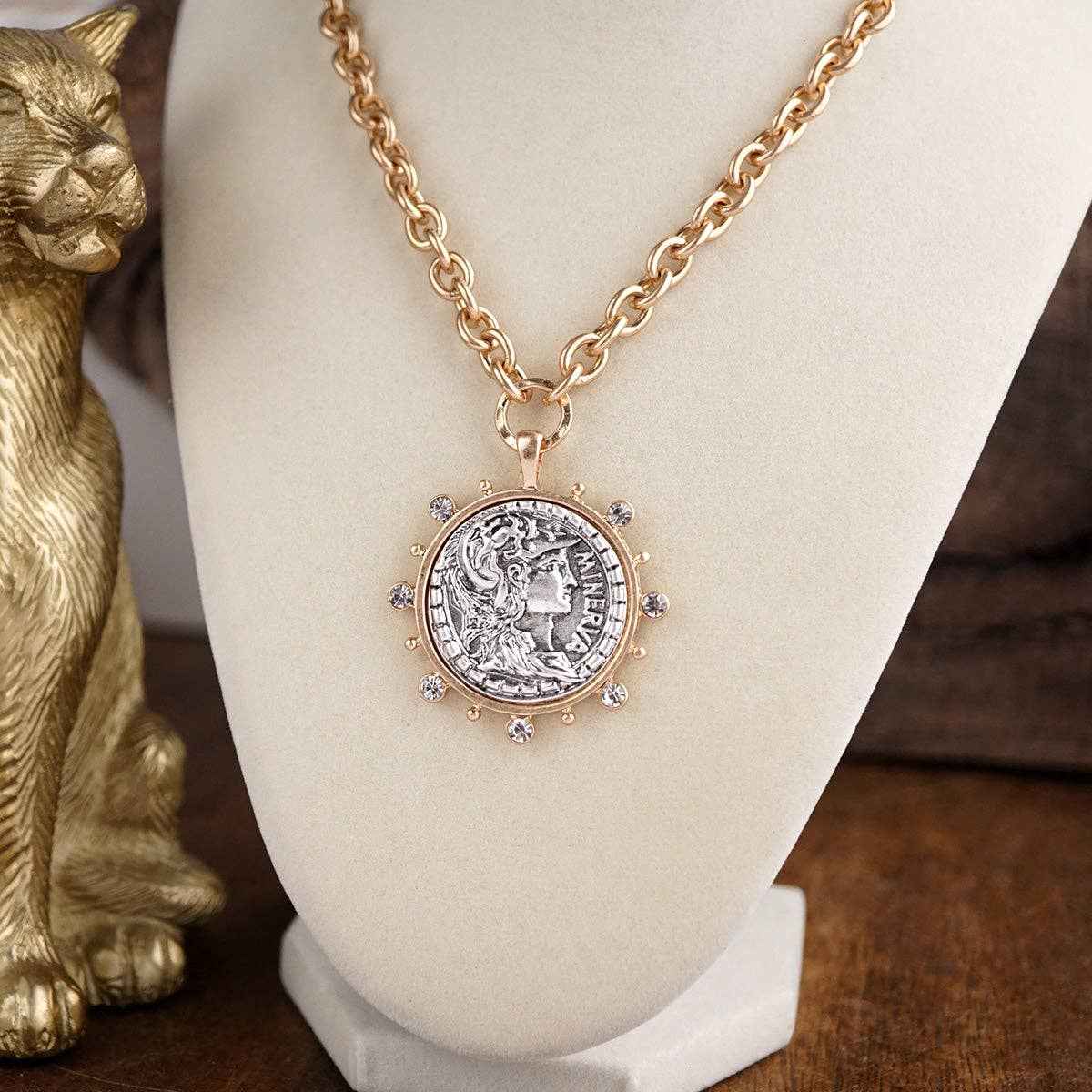 Coin Medallion Necklace with Crystal Halo - Image 4