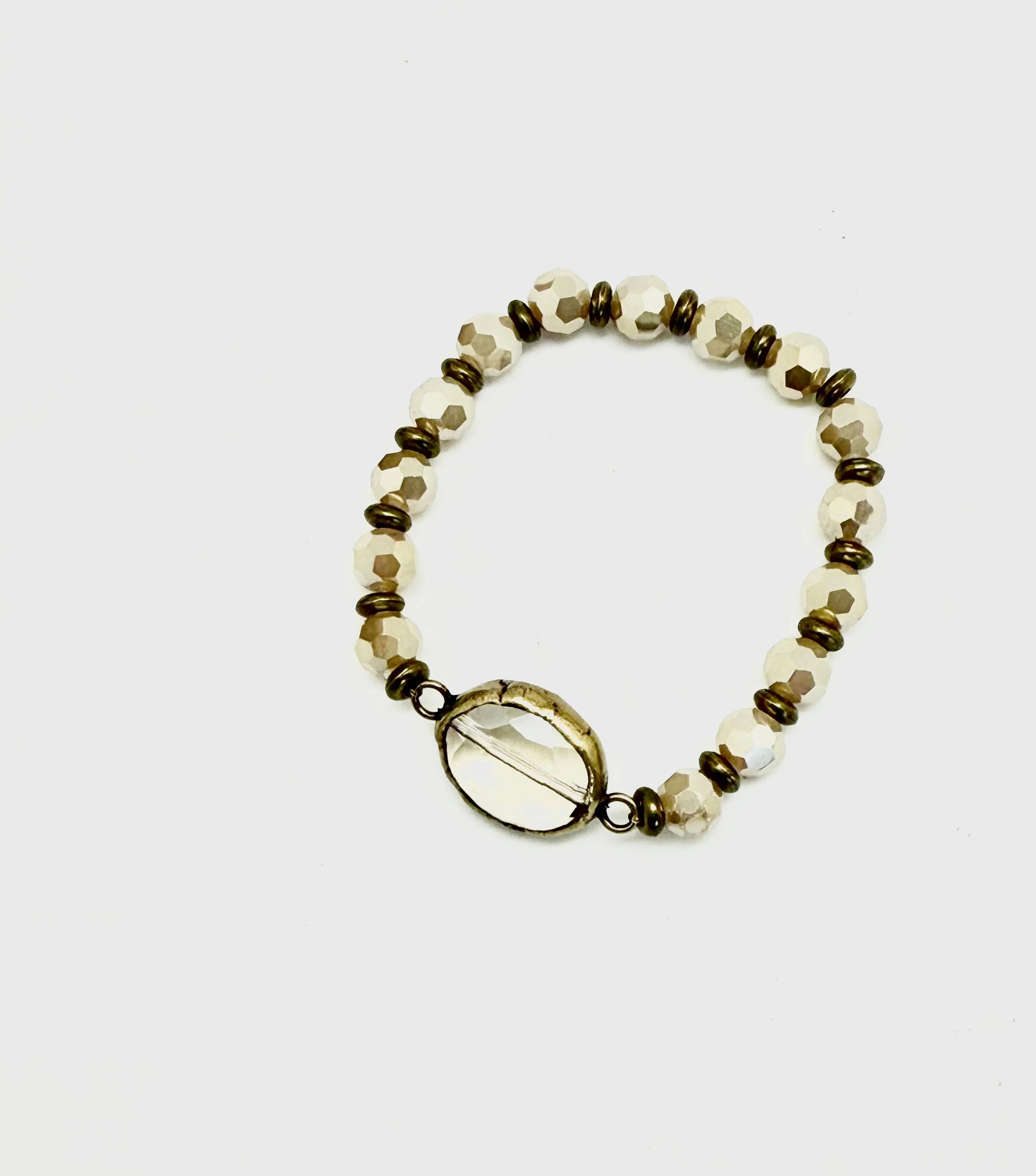 Bracelet Stretch Cut Cream Glass(8mm)w/Beveled Glass Ctr.7” - Image 2