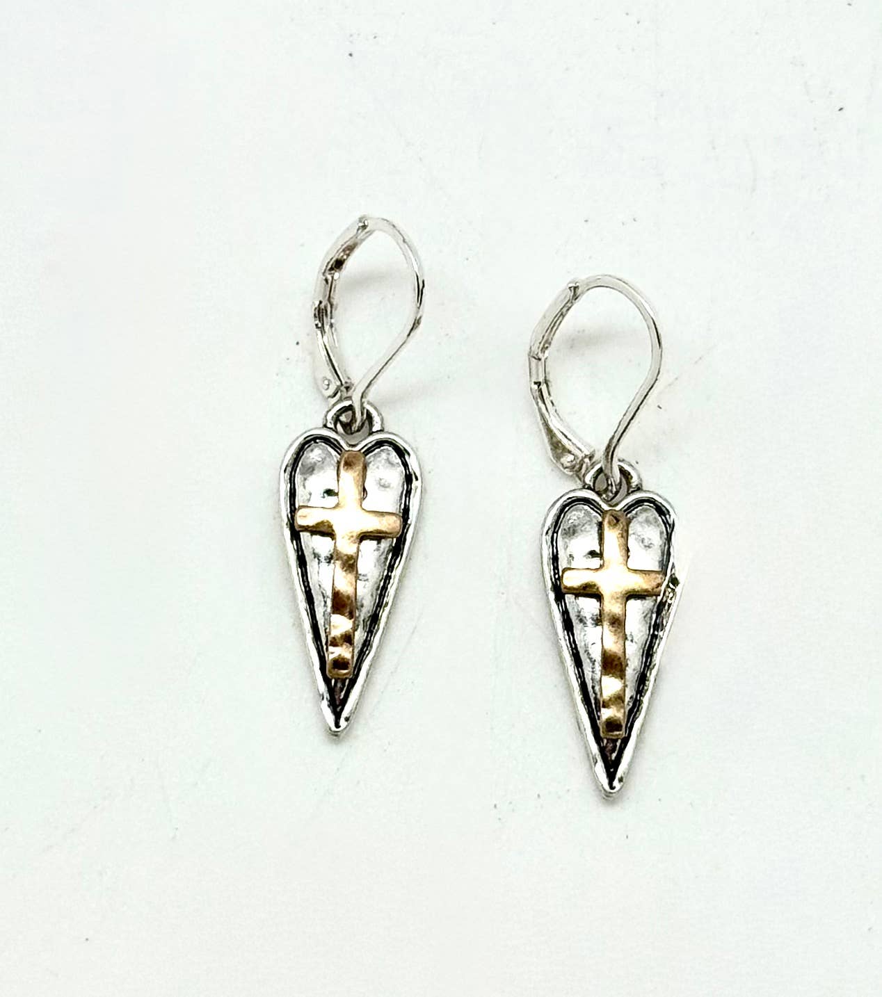 Earring Alloy Plated Heart w/Cross Drop w/Closed Hook - Image 3