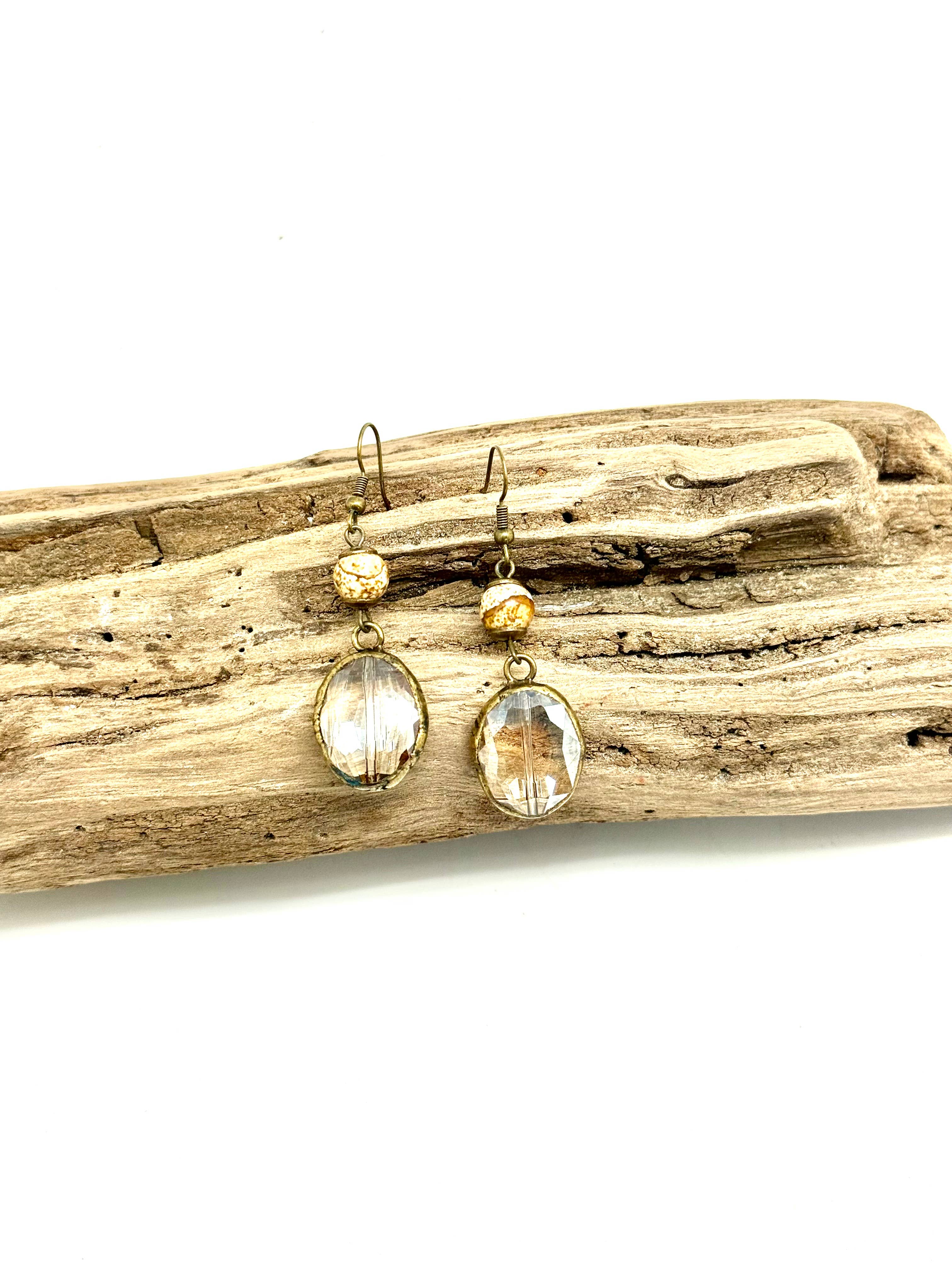 Earring Picture Jasper w/Oval Beveled Glass Drop Antique Gold - Image 3
