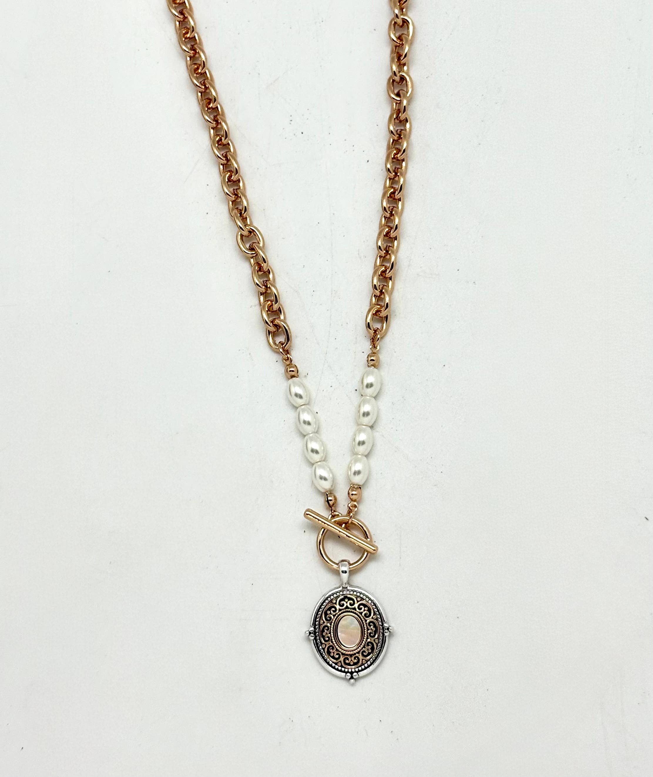 Necklace Alloy Plated Gold Chain w/Pearl Glass, Mother of Pearl18” - Image 3