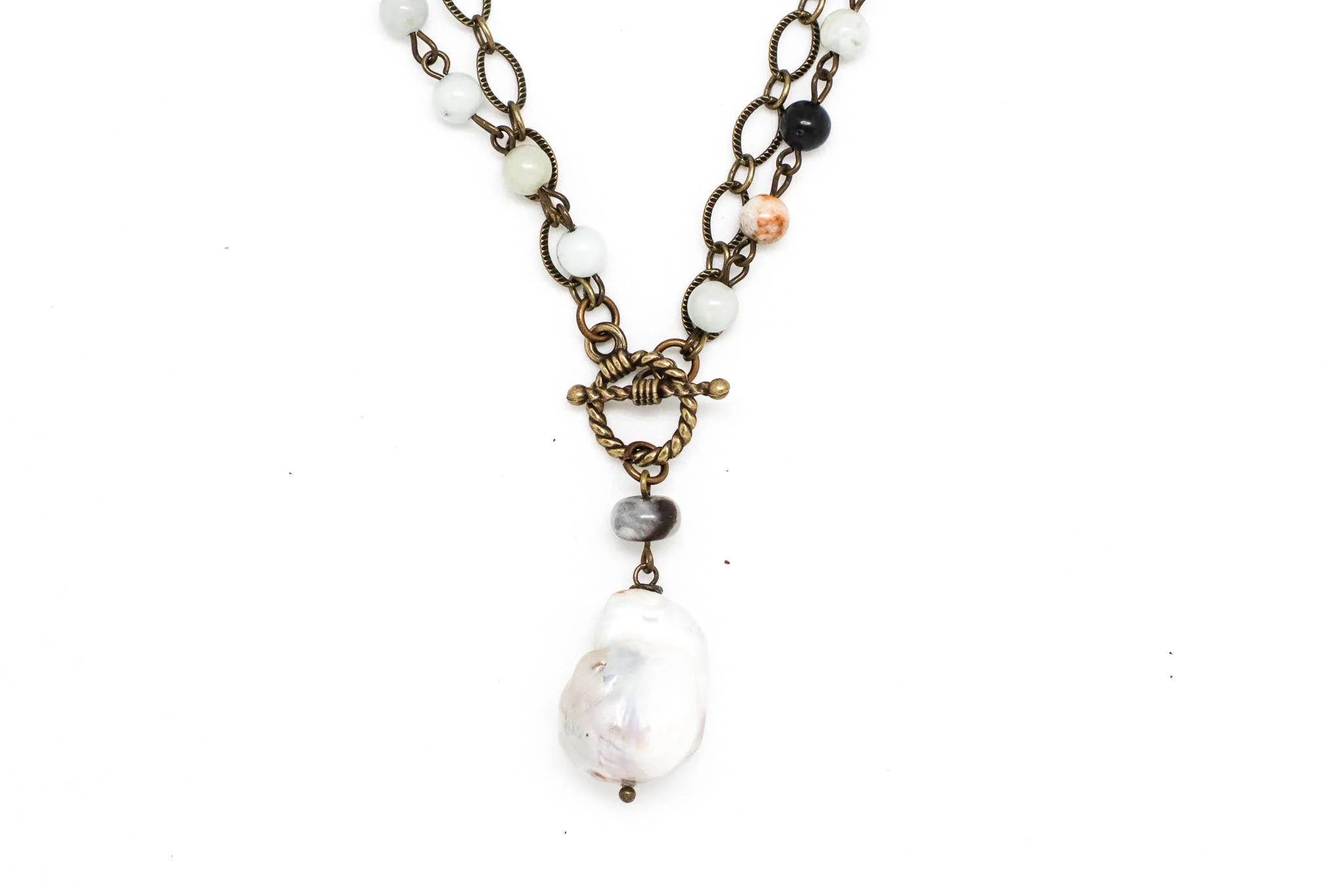 Necklace Amazonite Rosary Antique Gold w/Baroque Pearl36” - Image 2