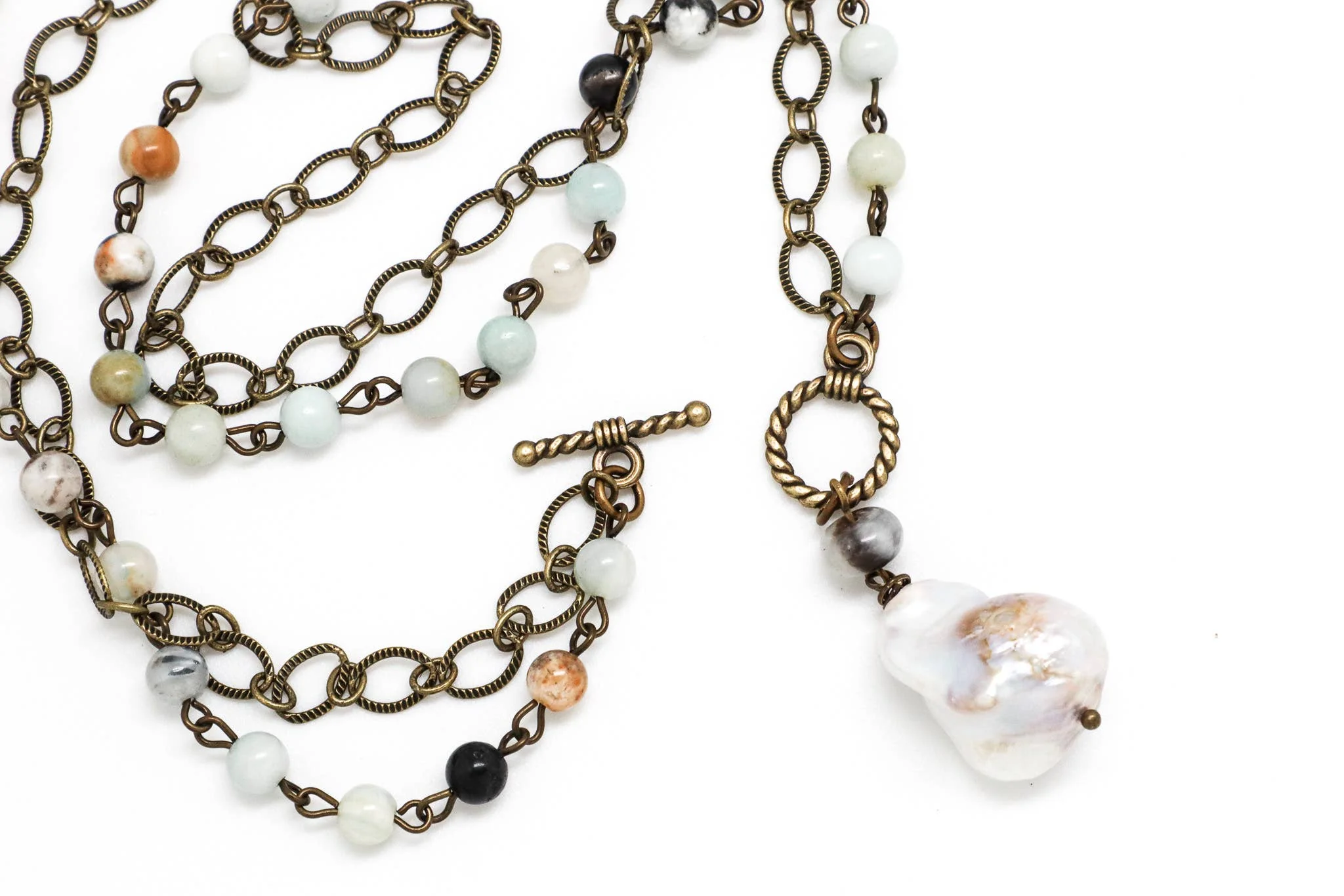 Necklace Amazonite Rosary Antique Gold w/Baroque Pearl36” - Image 3