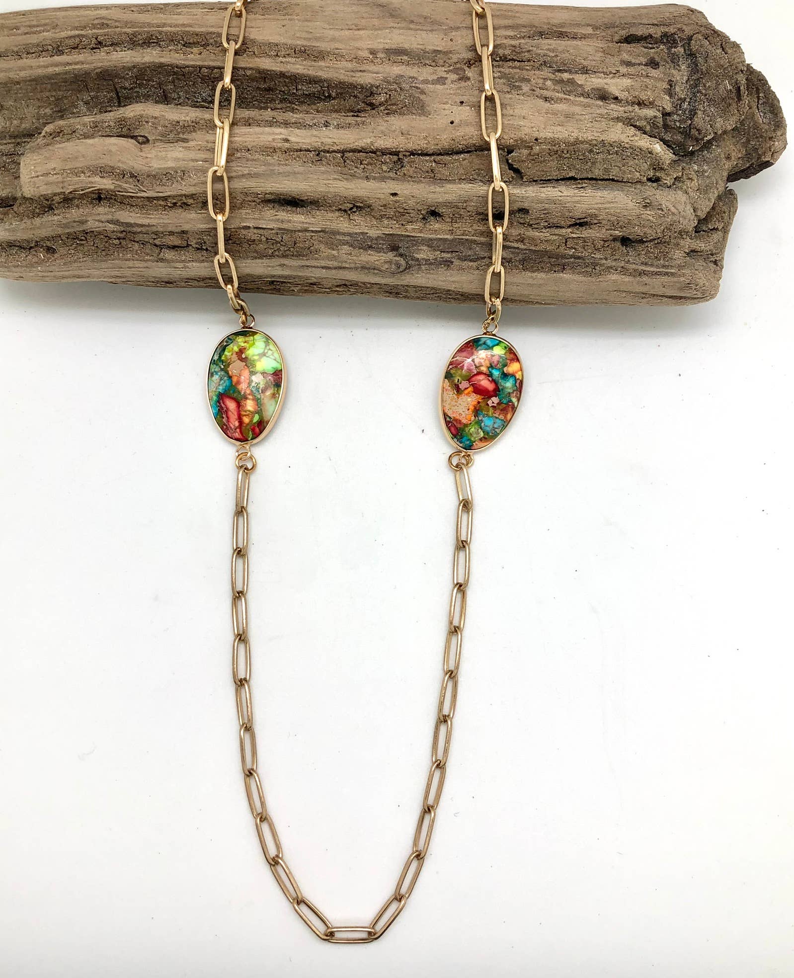 Necklace Matte Gold Paper Clip Chain w/Imperial Jasper 36”