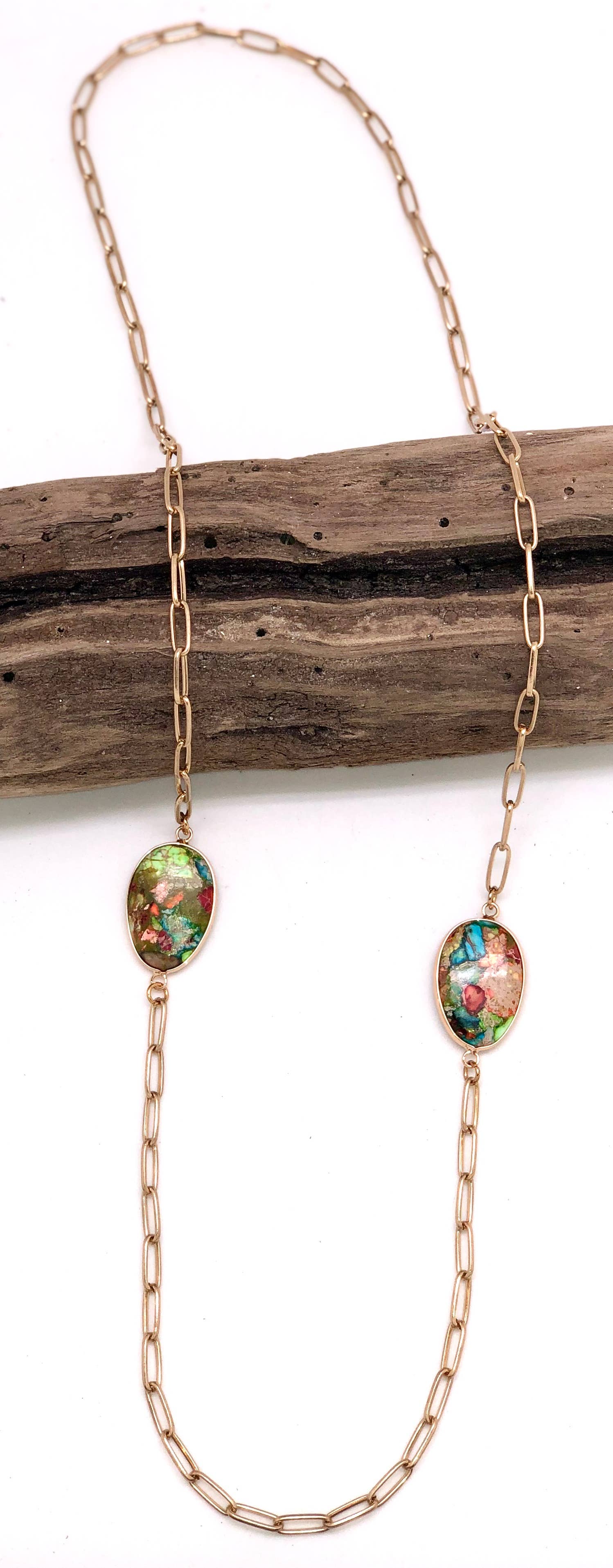 Necklace Matte Gold Paper Clip Chain w/Imperial Jasper 36” - Image 2