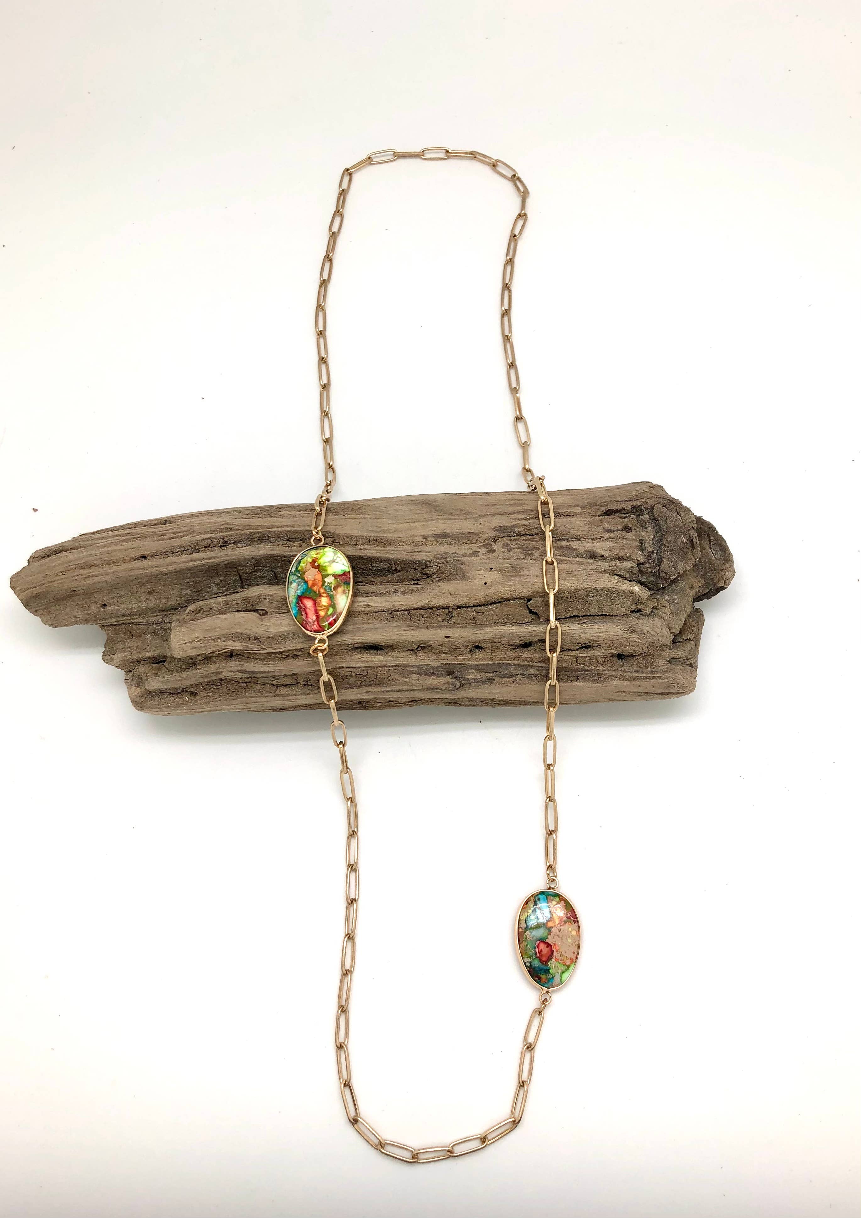 Necklace Matte Gold Paper Clip Chain w/Imperial Jasper 36” - Image 3