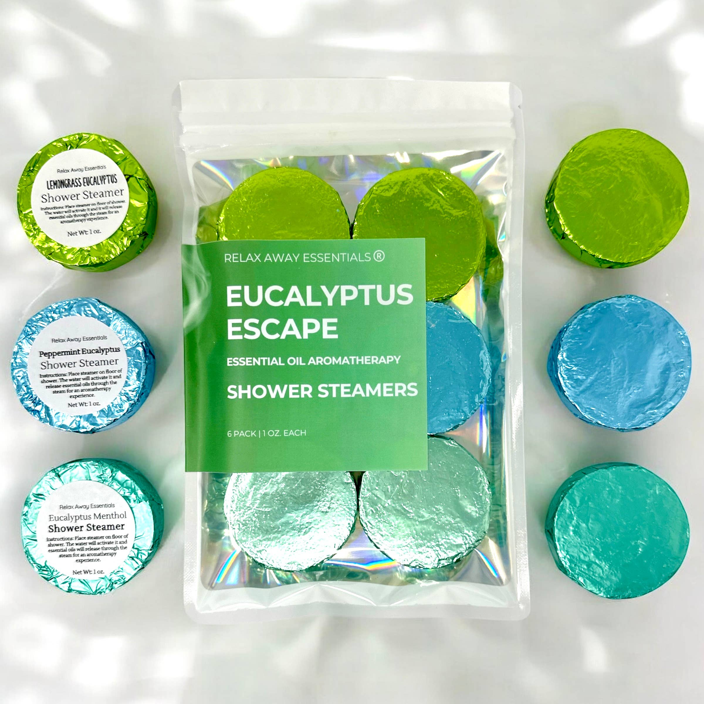 Relax Away Essentials - Eucalyptus Escape Shower Steamers 6 Pack - Made in USA