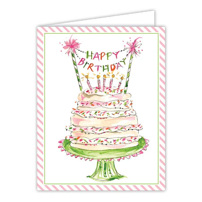 Happy Birthday Banner Pink and Green Cake Greeting Card - RosanneBeck Collections