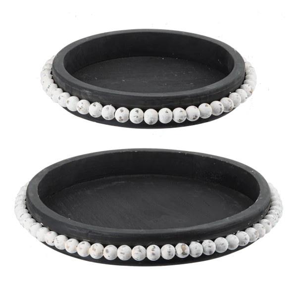 Round Black Tray with White Beaded Edge 2 pc. set