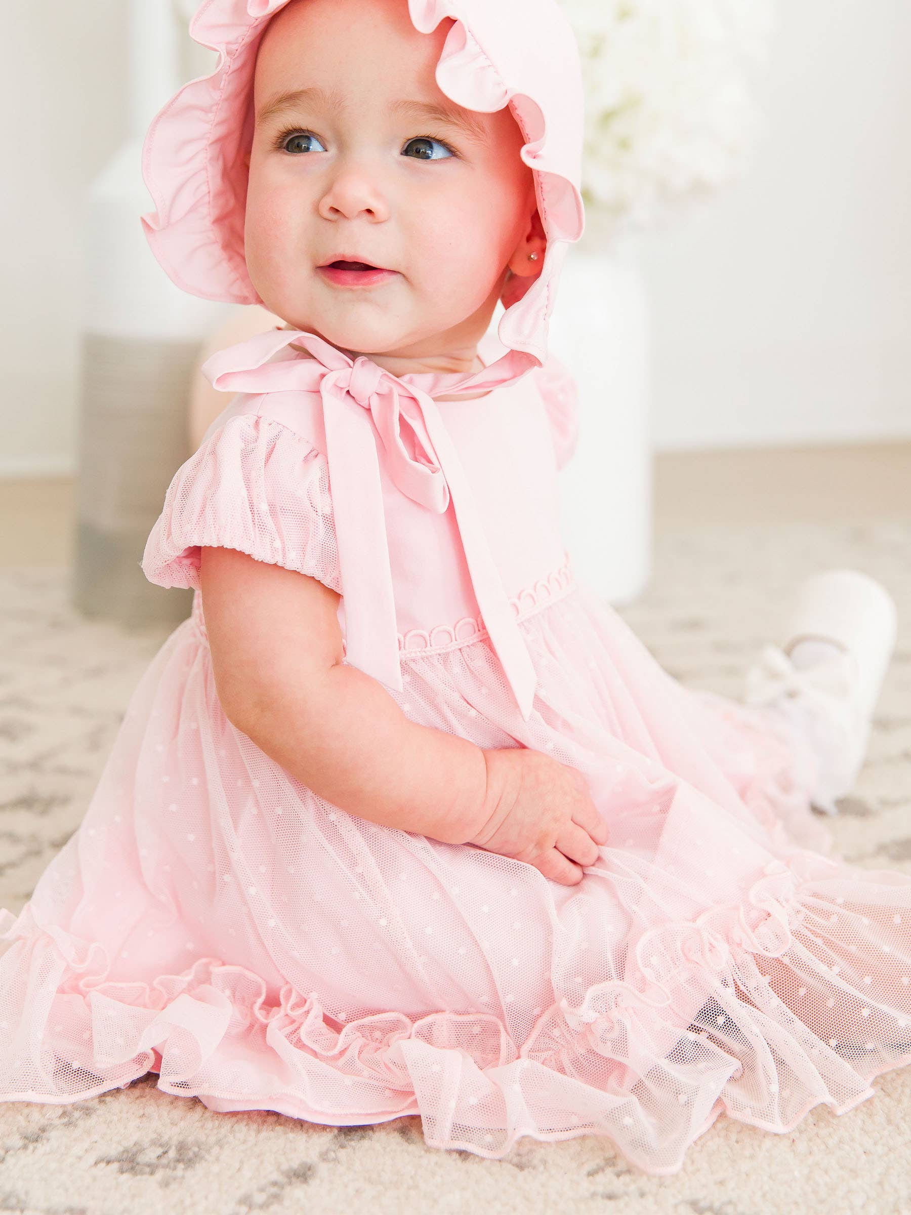 Baby Girls Baby Pink Dotted Tulle Dress & RuffleButt Set - Image 5
