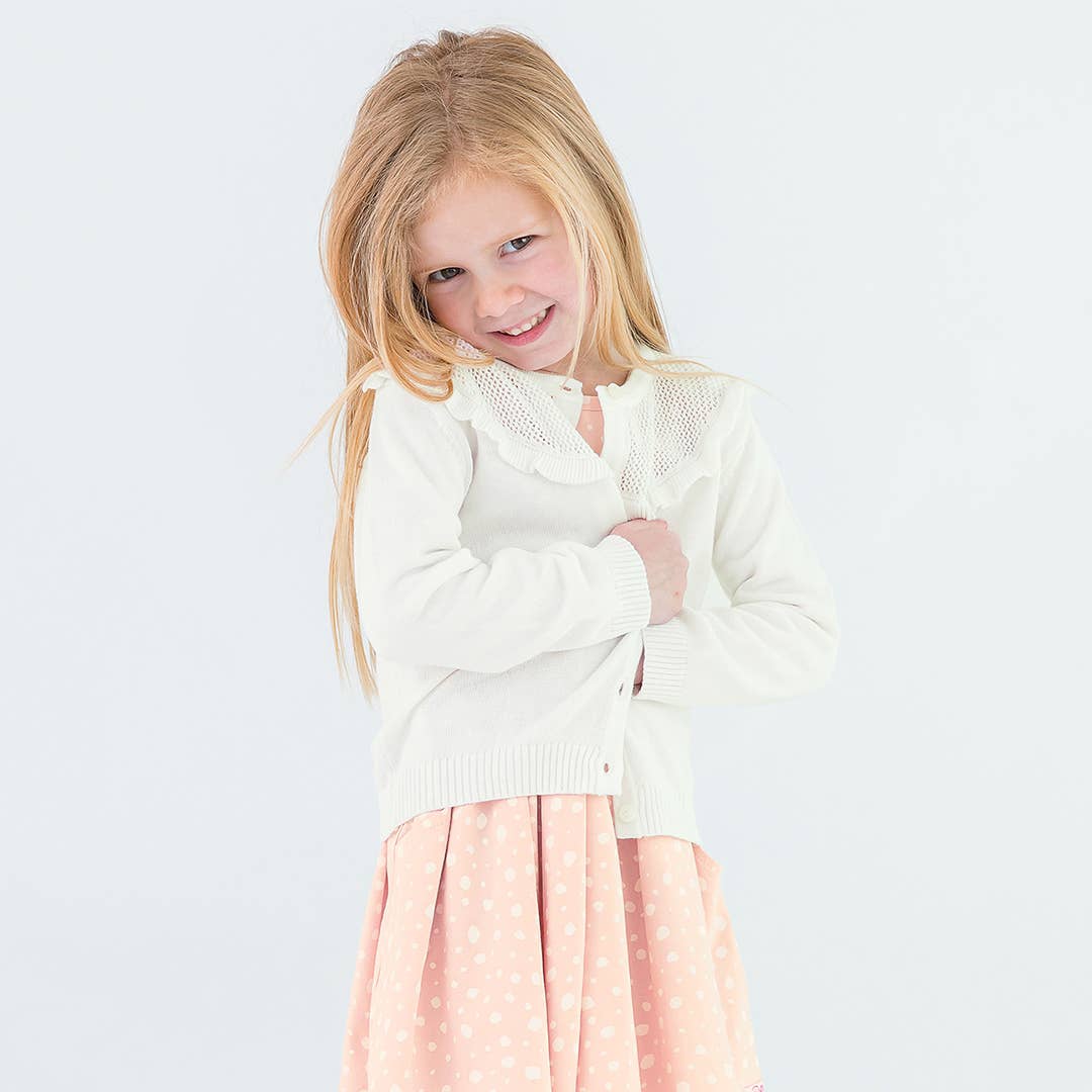 Girls Off-White Sweater Knit Ruffle Trim Cardigan - Image 2