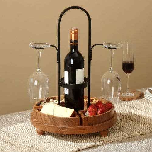 Rustic Wood/Metal Wine Bottle & Glass Server