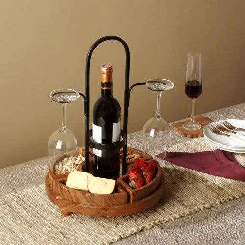 Rustic Wood/Metal Wine Bottle & Glass Server - Image 4