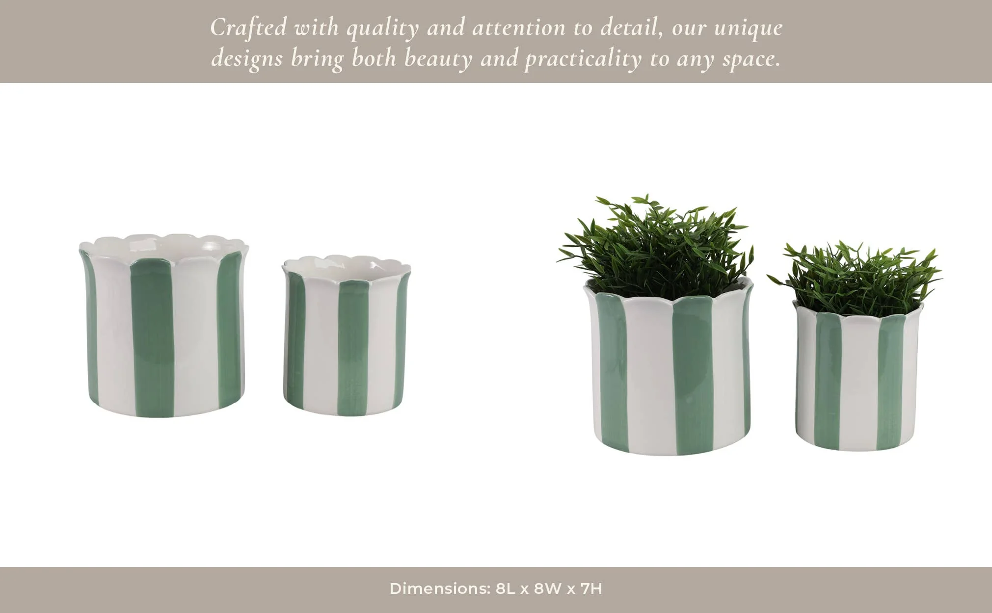 Sagebrook Home - Planters Set of 2 - Green/White Ceramic Striped, 6/8 in. - Image 14