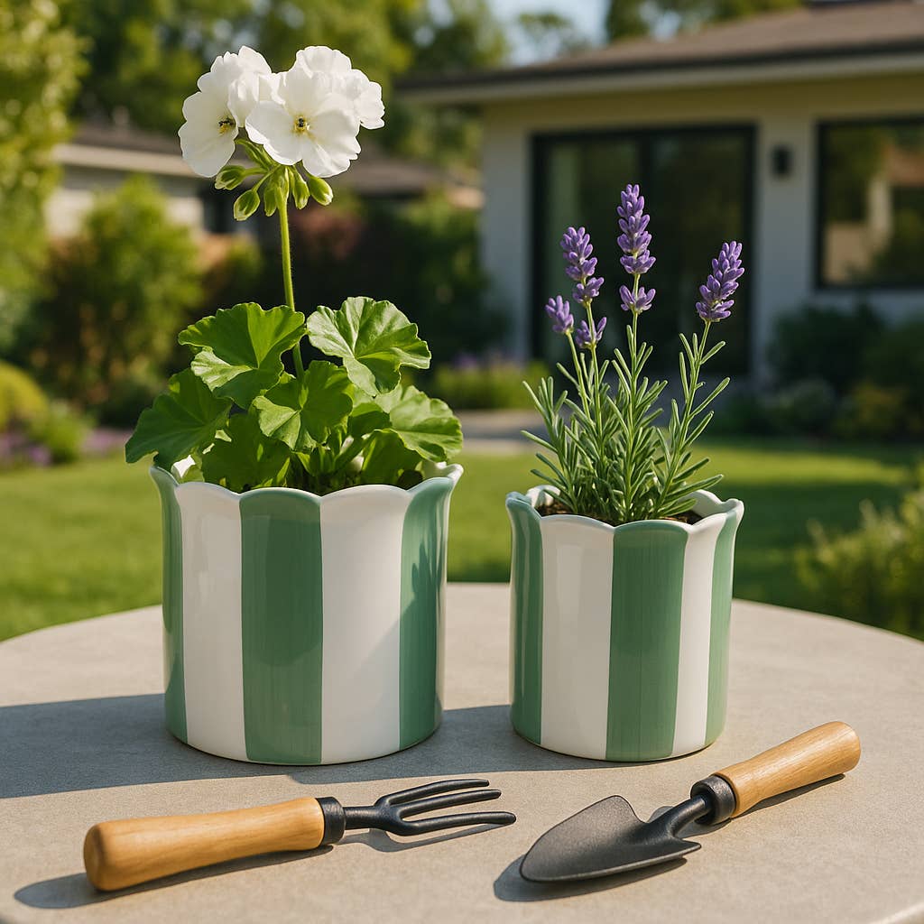 Sagebrook Home - Planters Set of 2 - Green/White Ceramic Striped, 6/8 in. - Image 2
