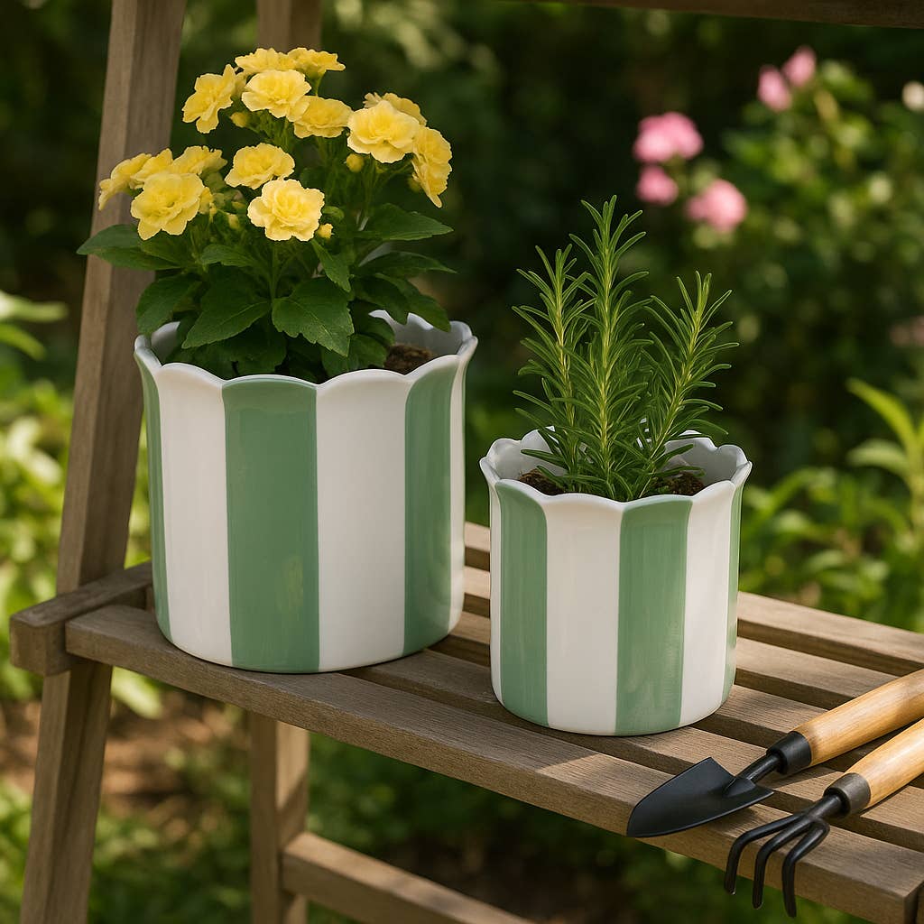 Sagebrook Home - Planters Set of 2 - Green/White Ceramic Striped, 6/8 in. - Image 3