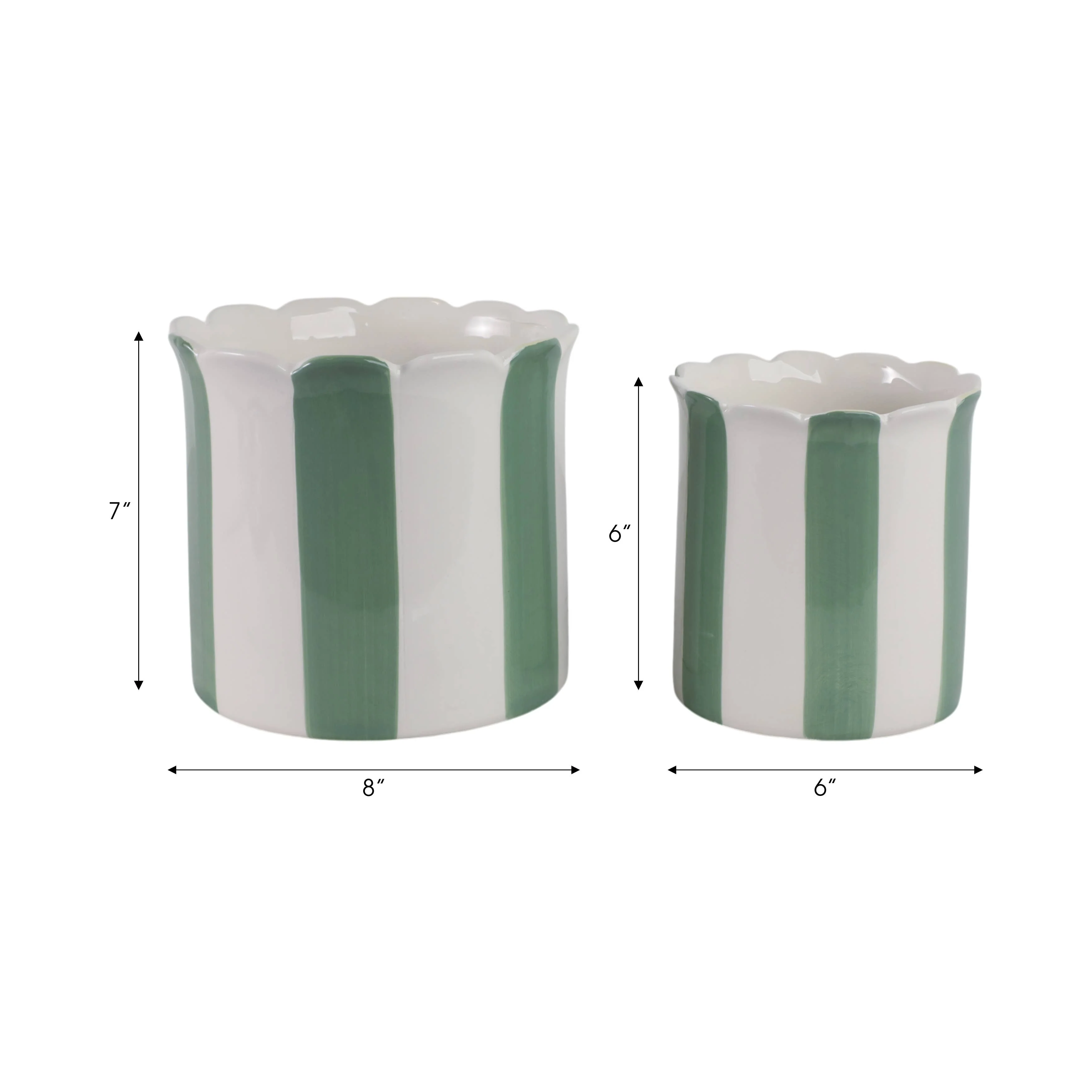 Sagebrook Home - Planters Set of 2 - Green/White Ceramic Striped, 6/8 in. - Image 4