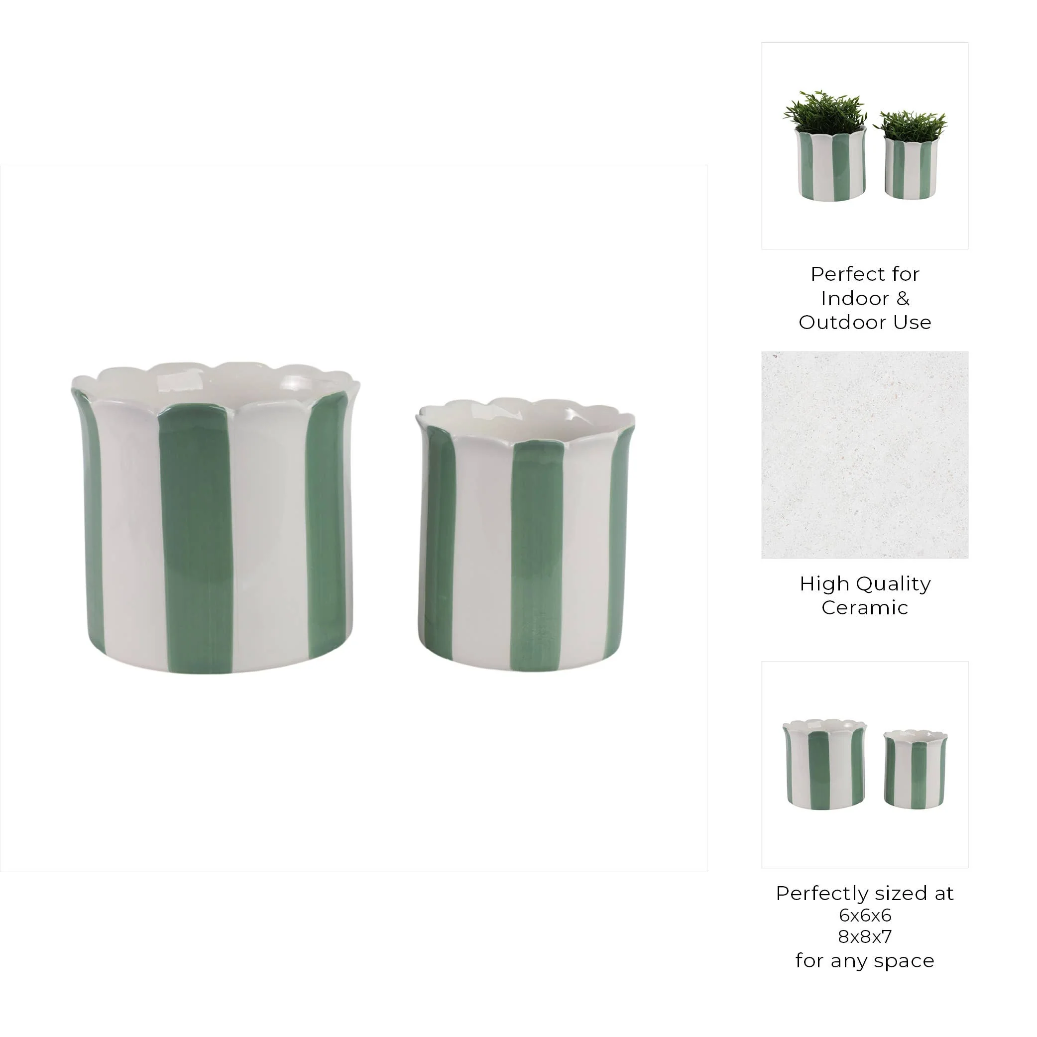 Sagebrook Home - Planters Set of 2 - Green/White Ceramic Striped, 6/8 in. - Image 5