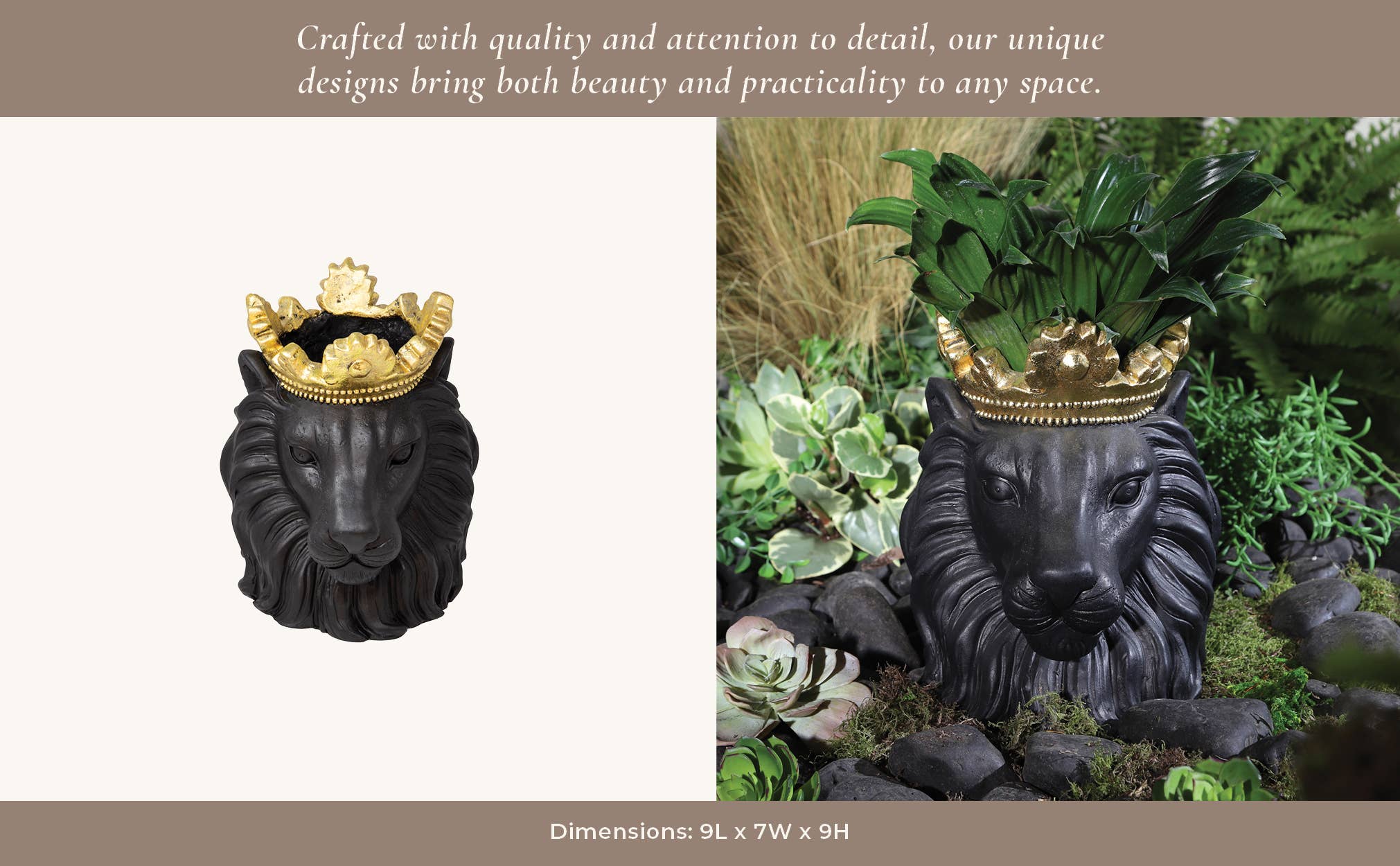 Resin Regal Lion Head Planter with Crown - Black, 9 in. - Image 11