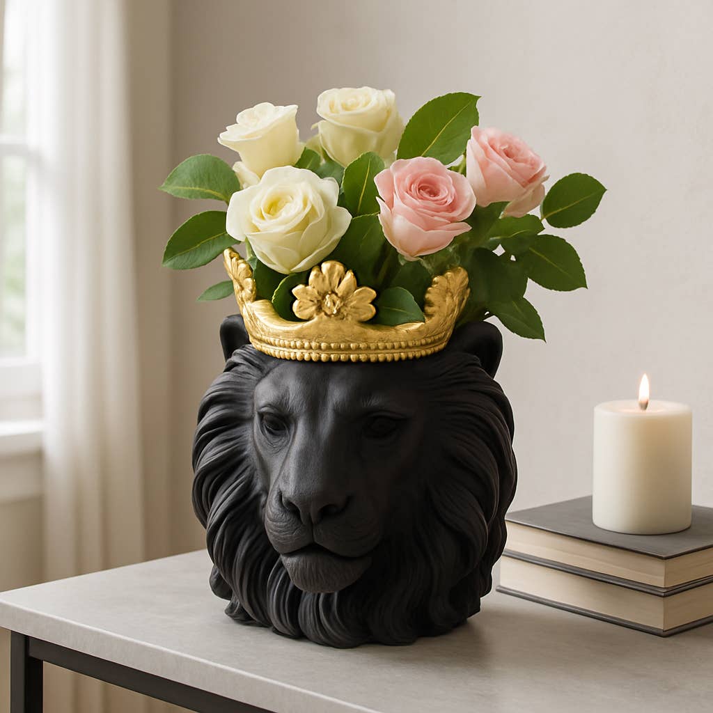 Resin Regal Lion Head Planter with Crown - Black, 9 in. - Image 2