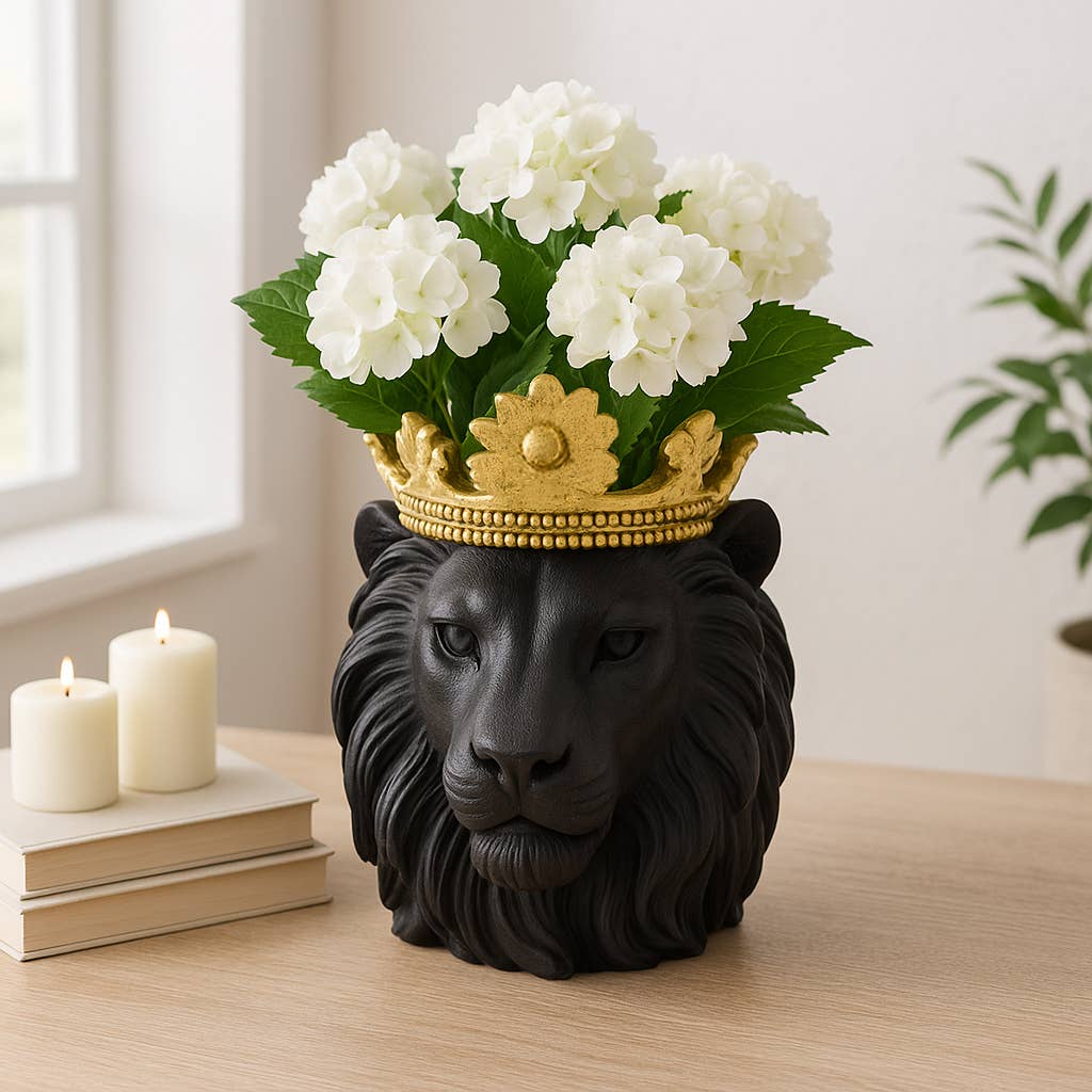 Resin Regal Lion Head Planter with Crown - Black, 9 in. - Image 3