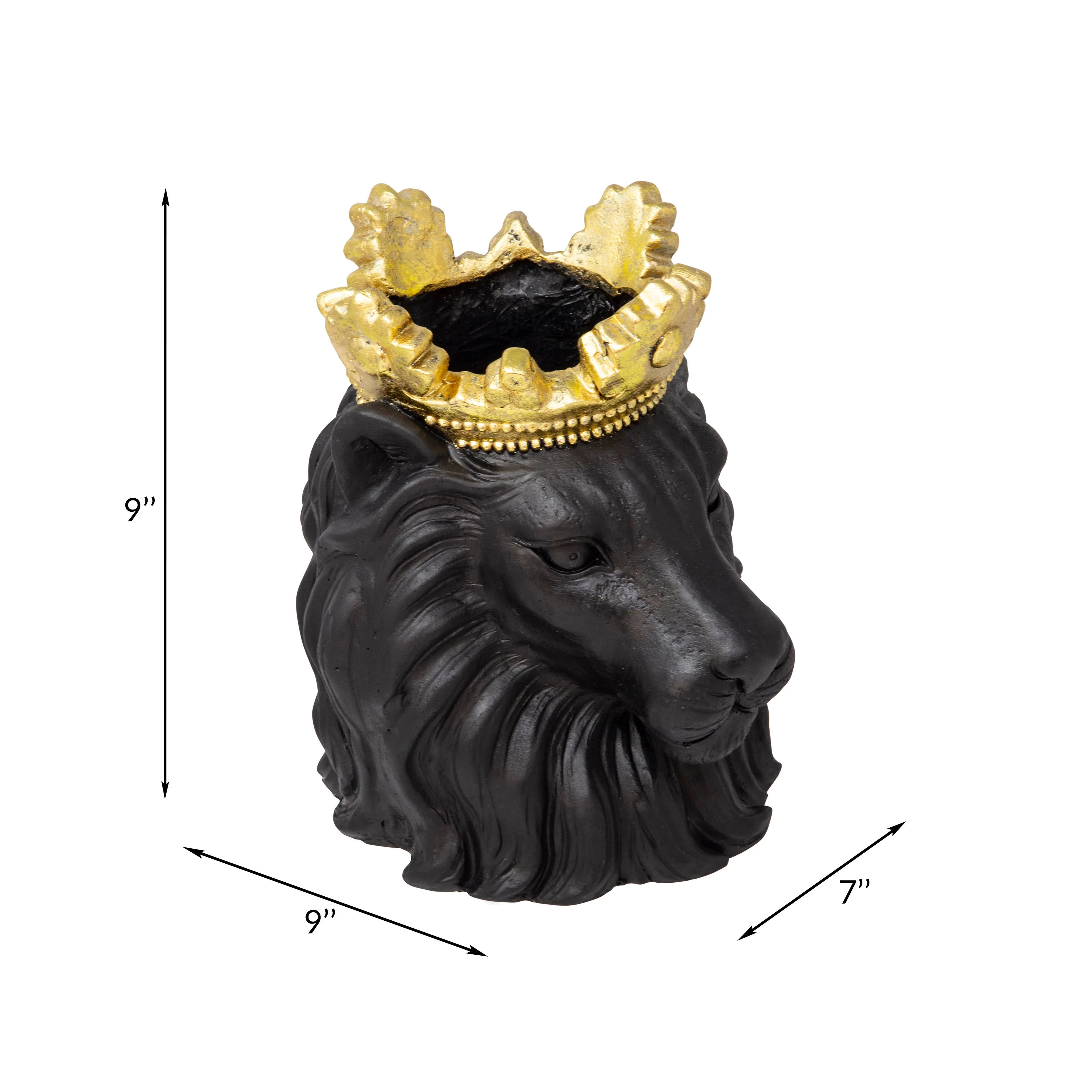 Resin Regal Lion Head Planter with Crown - Black, 9 in. - Image 4