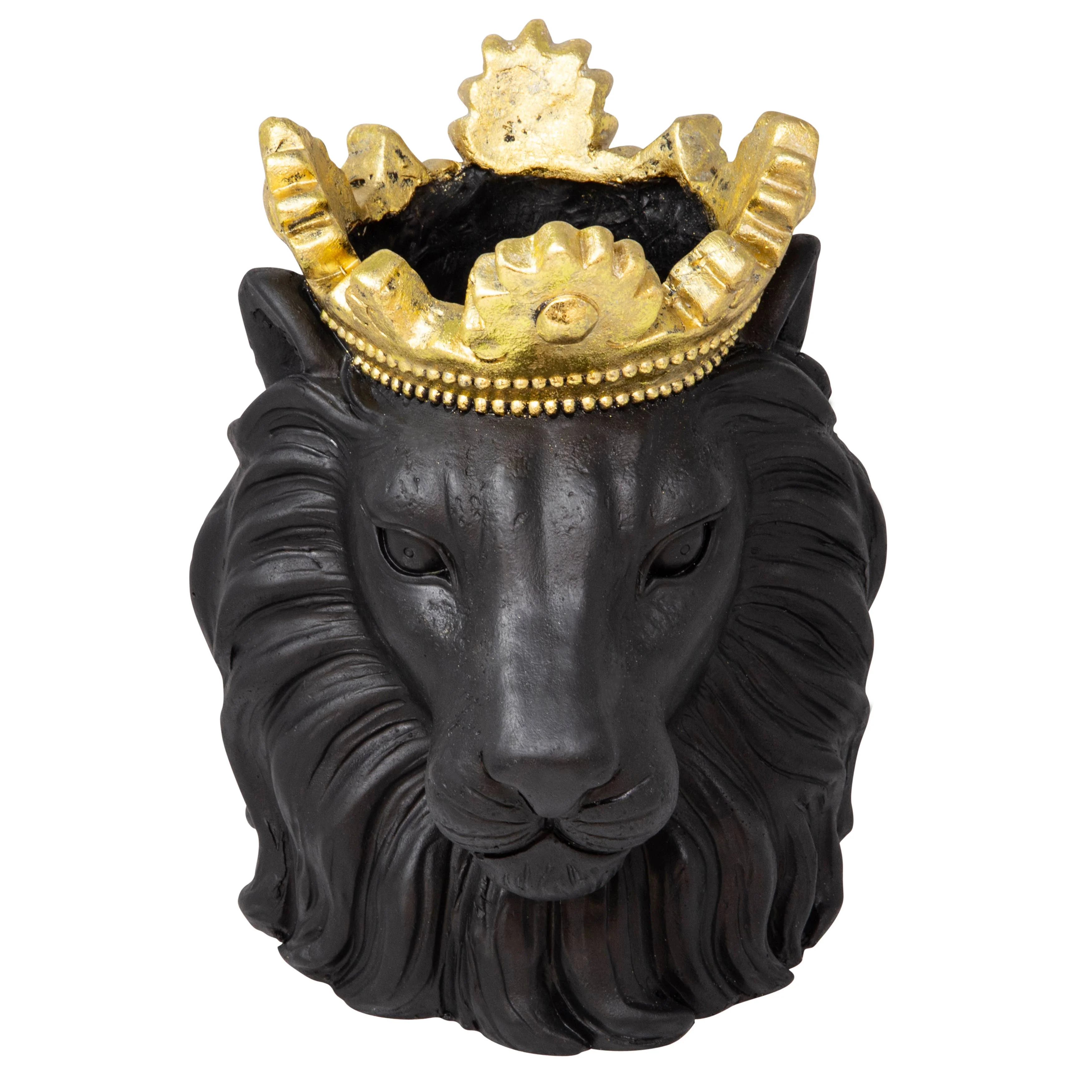 Resin Regal Lion Head Planter with Crown - Black, 9 in. - Image 6