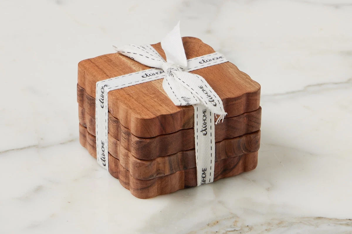 Scalloped Wood Coasters, Square, Natural, Set of 4 - Image 2