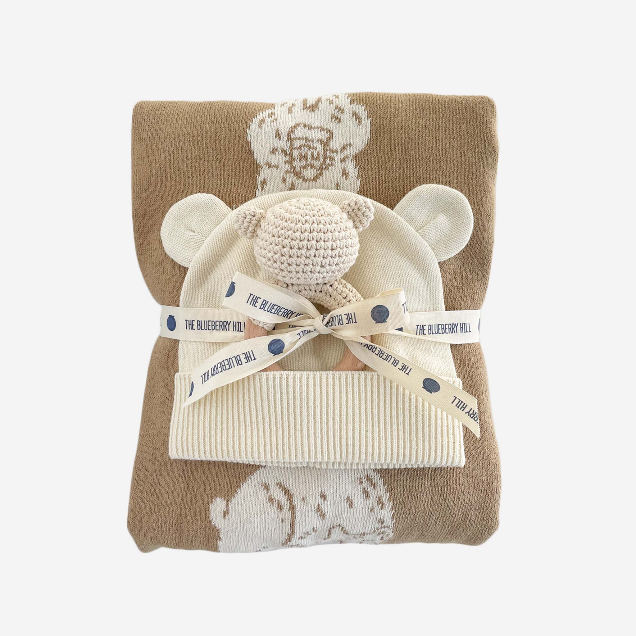 Set Honey Bear Blanket Hat and Teether Baby Gift Summer: Brown Bear - Image 9