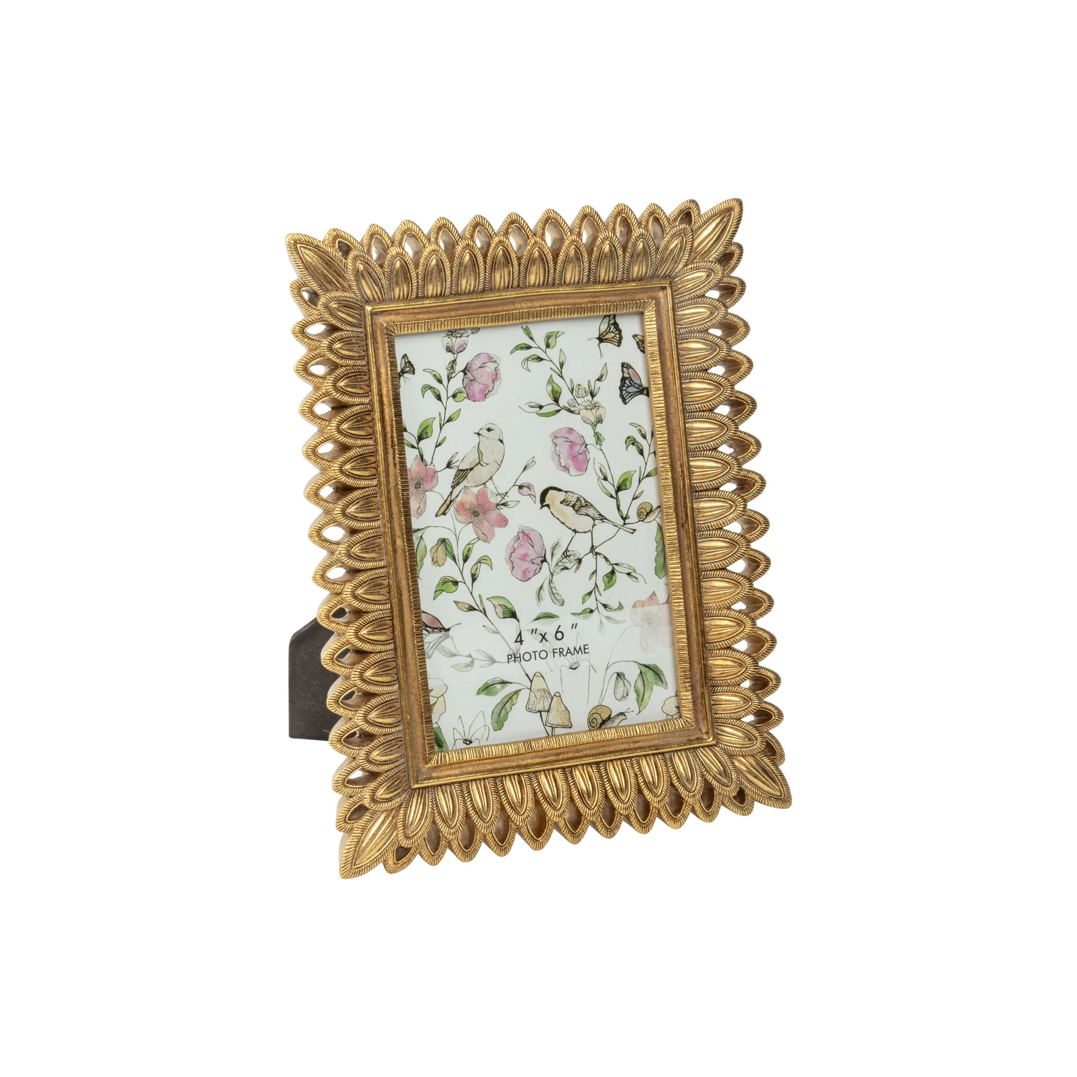 gold pierced feather resin frame, 4x6 in