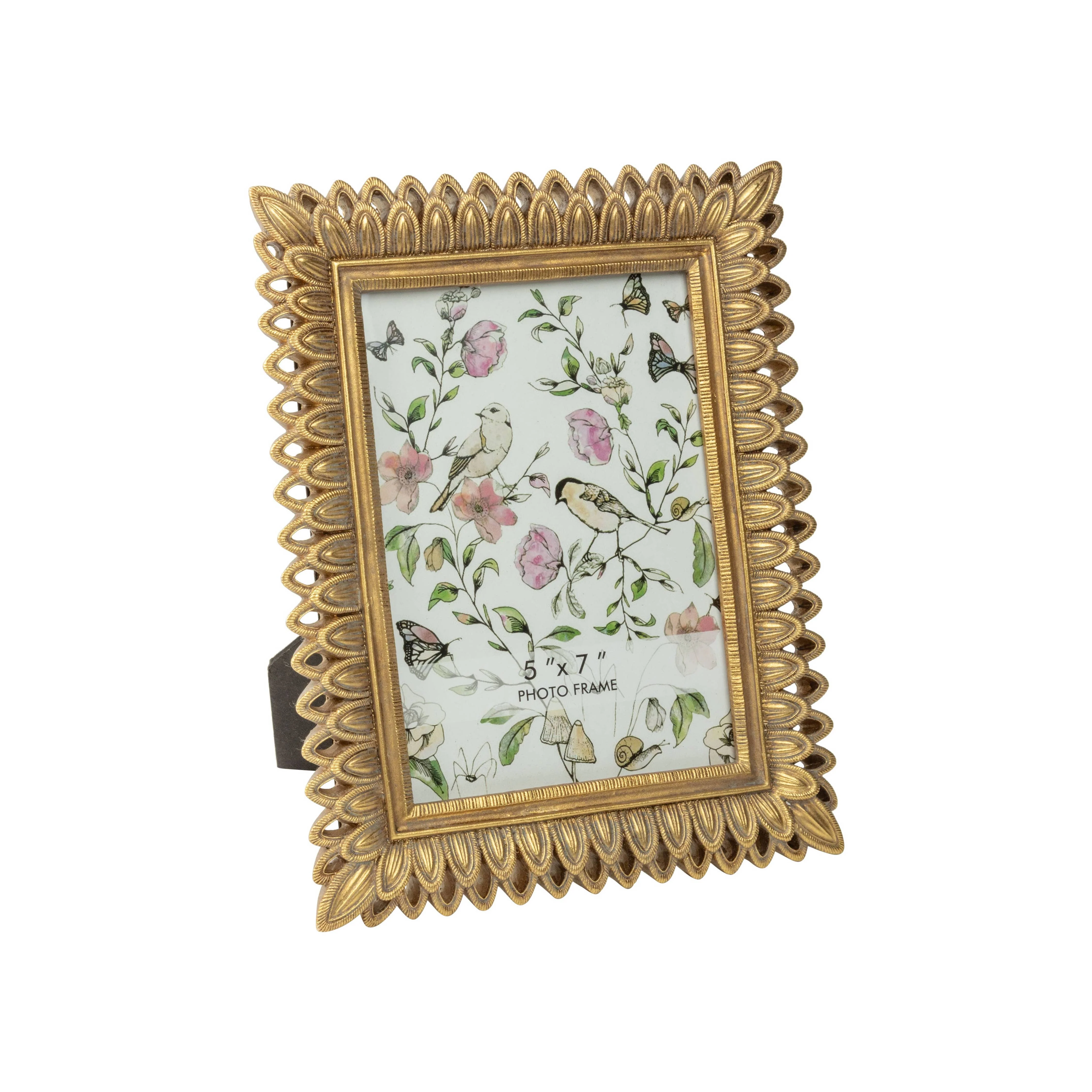Ant gold pierced feather resin frame, 5x7 in