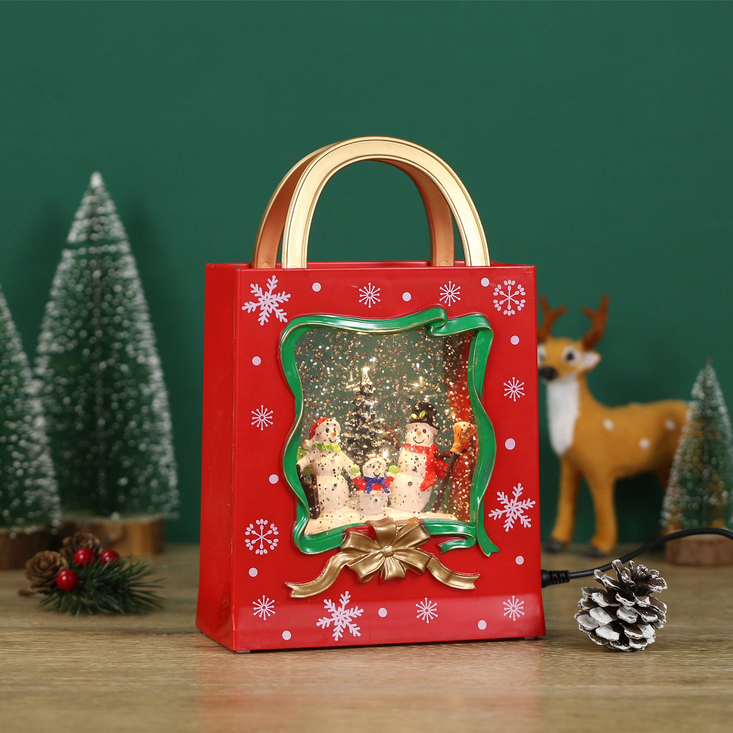 Christmas Musical Red Gift Bag Snow Globe Lantern with Snowman Family Scene for Christmas Decoration - Image 11