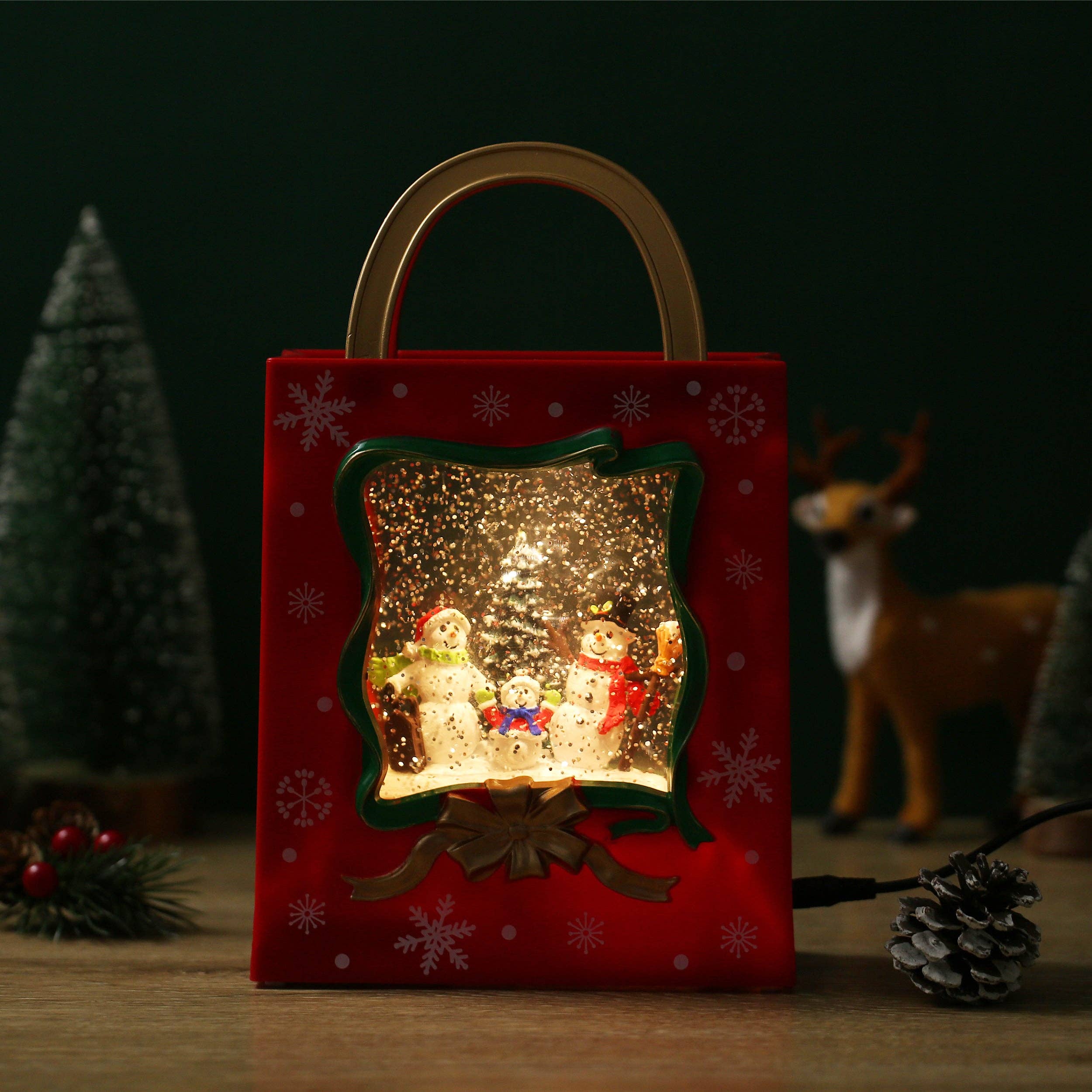 Christmas Musical Red Gift Bag Snow Globe Lantern with Snowman Family Scene for Christmas Decoration - Image 12