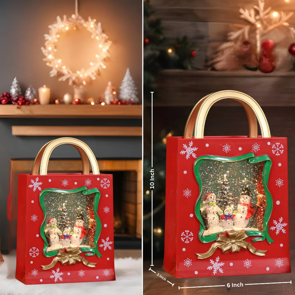 Christmas Musical Red Gift Bag Snow Globe Lantern with Snowman Family Scene for Christmas Decoration - Image 3