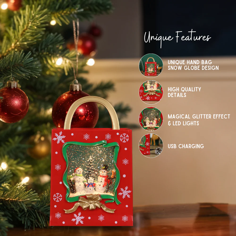Christmas Musical Red Gift Bag Snow Globe Lantern with Snowman Family Scene for Christmas Decoration - Image 4