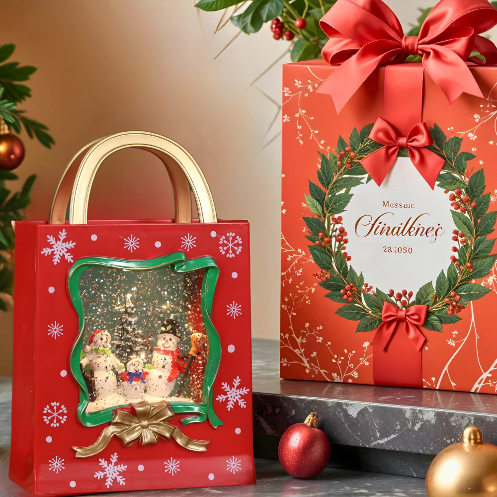 Christmas Musical Red Gift Bag Snow Globe Lantern with Snowman Family Scene for Christmas Decoration - Image 6