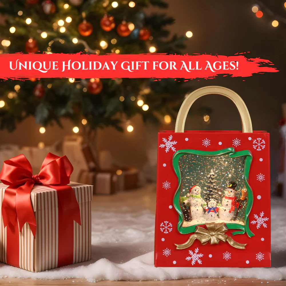 Christmas Musical Red Gift Bag Snow Globe Lantern with Snowman Family Scene for Christmas Decoration - Image 7