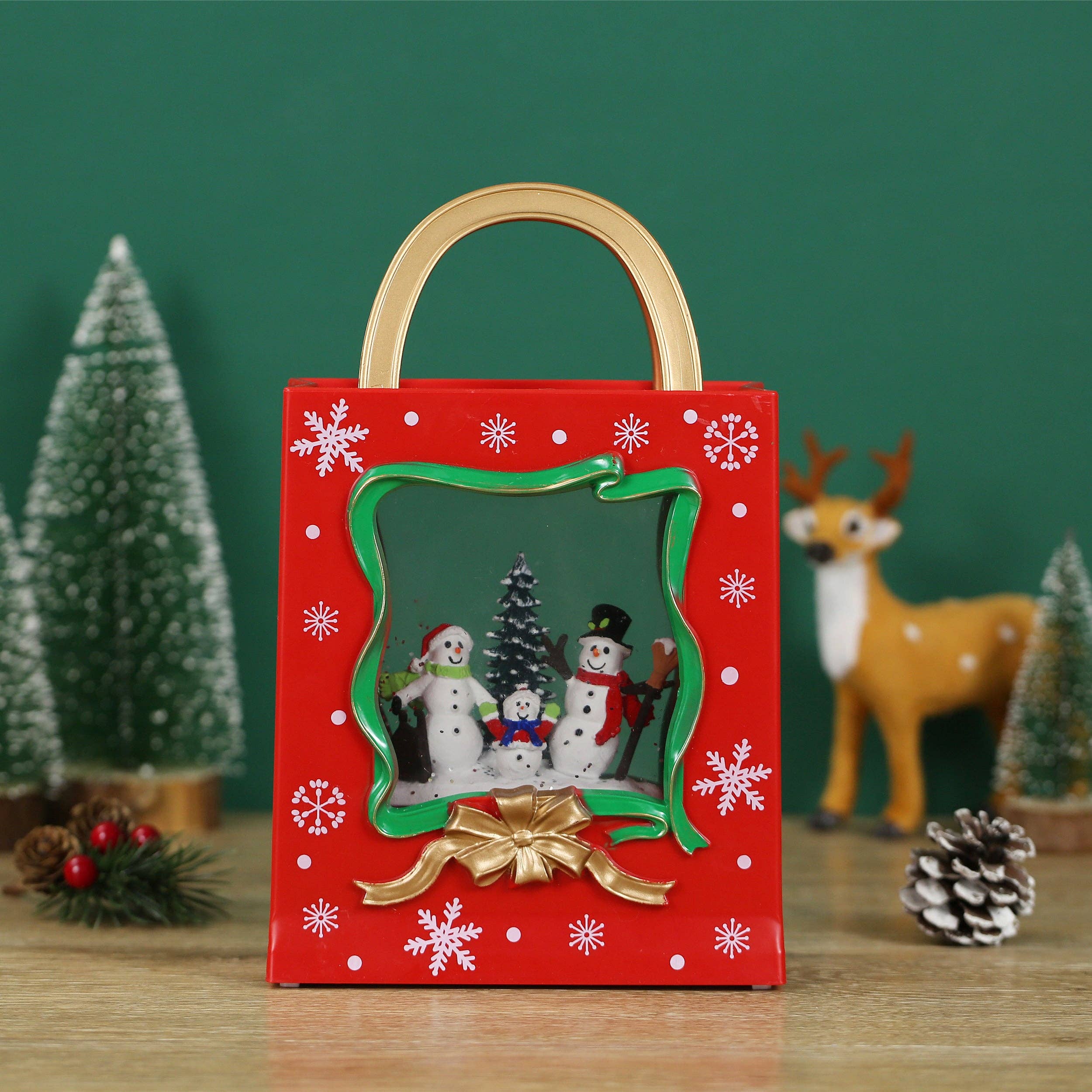Christmas Musical Red Gift Bag Snow Globe Lantern with Snowman Family Scene for Christmas Decoration - Image 8